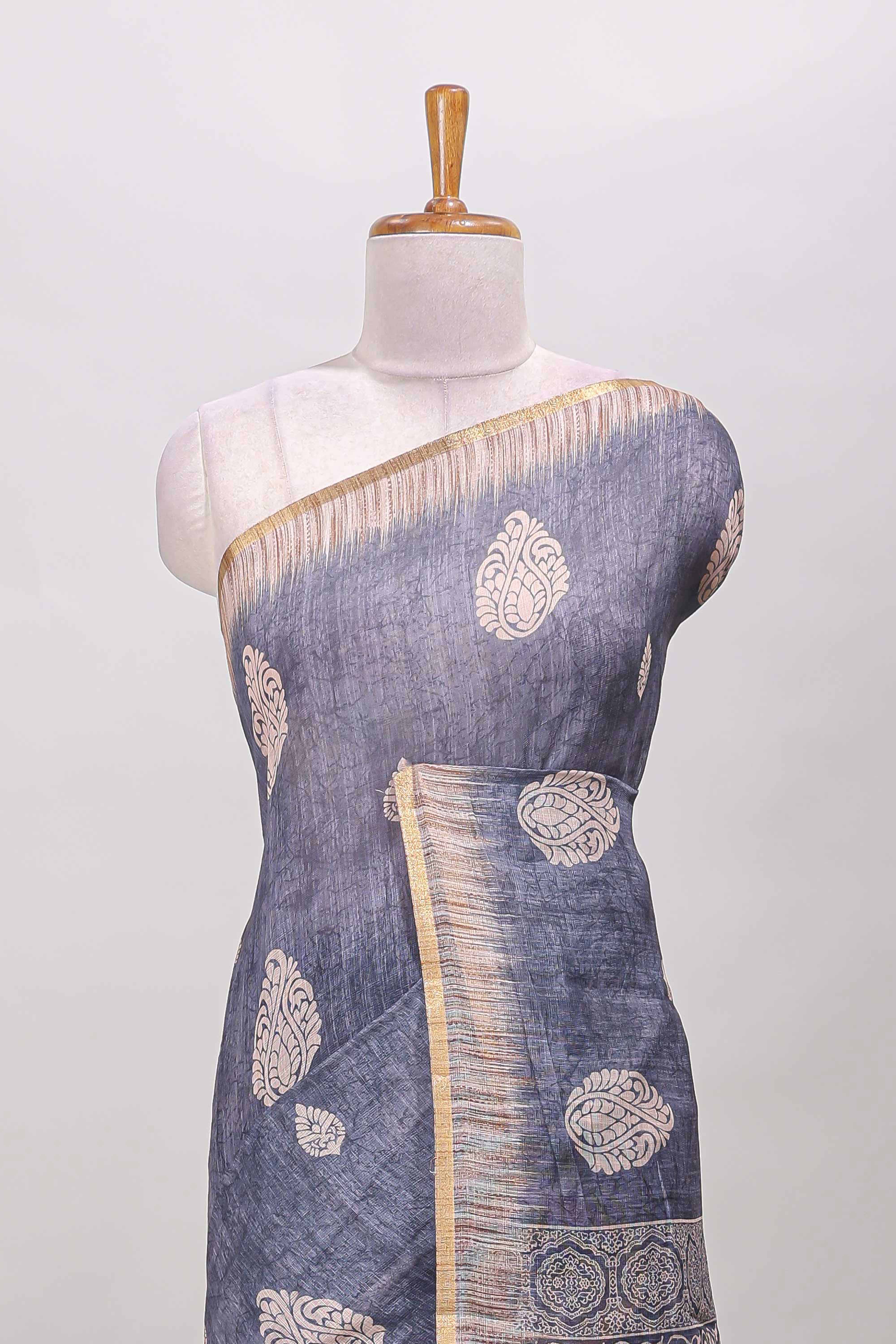 Slate blue grey paisley motifs linen cotton saree with self zari border and matching blouse - Image 3