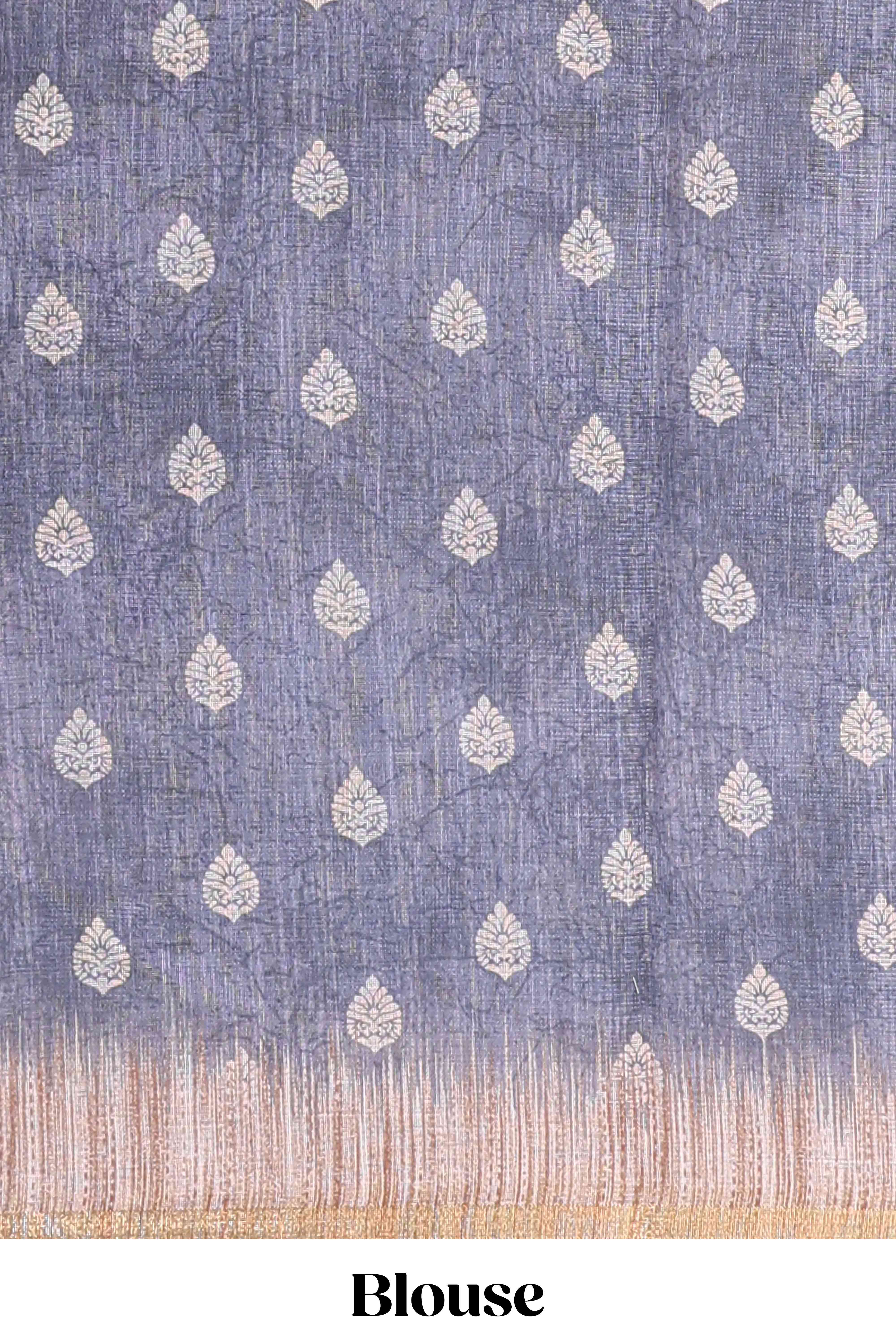 Slate blue grey paisley motifs linen cotton saree with self zari border and matching blouse - Image 5
