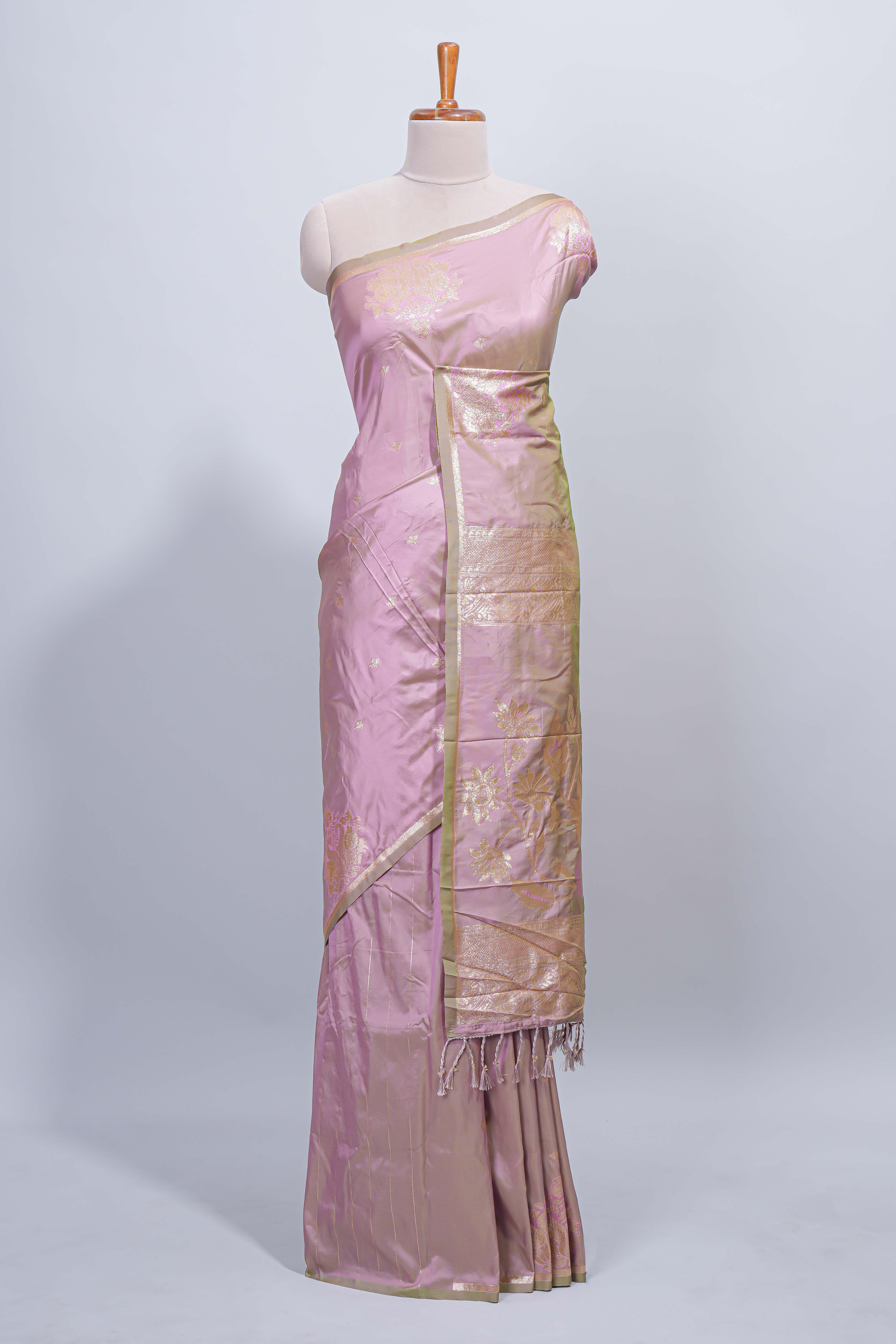 Soft lavender floral zari motifs design semi soft silk saree with self border and matching blouse - Image 2