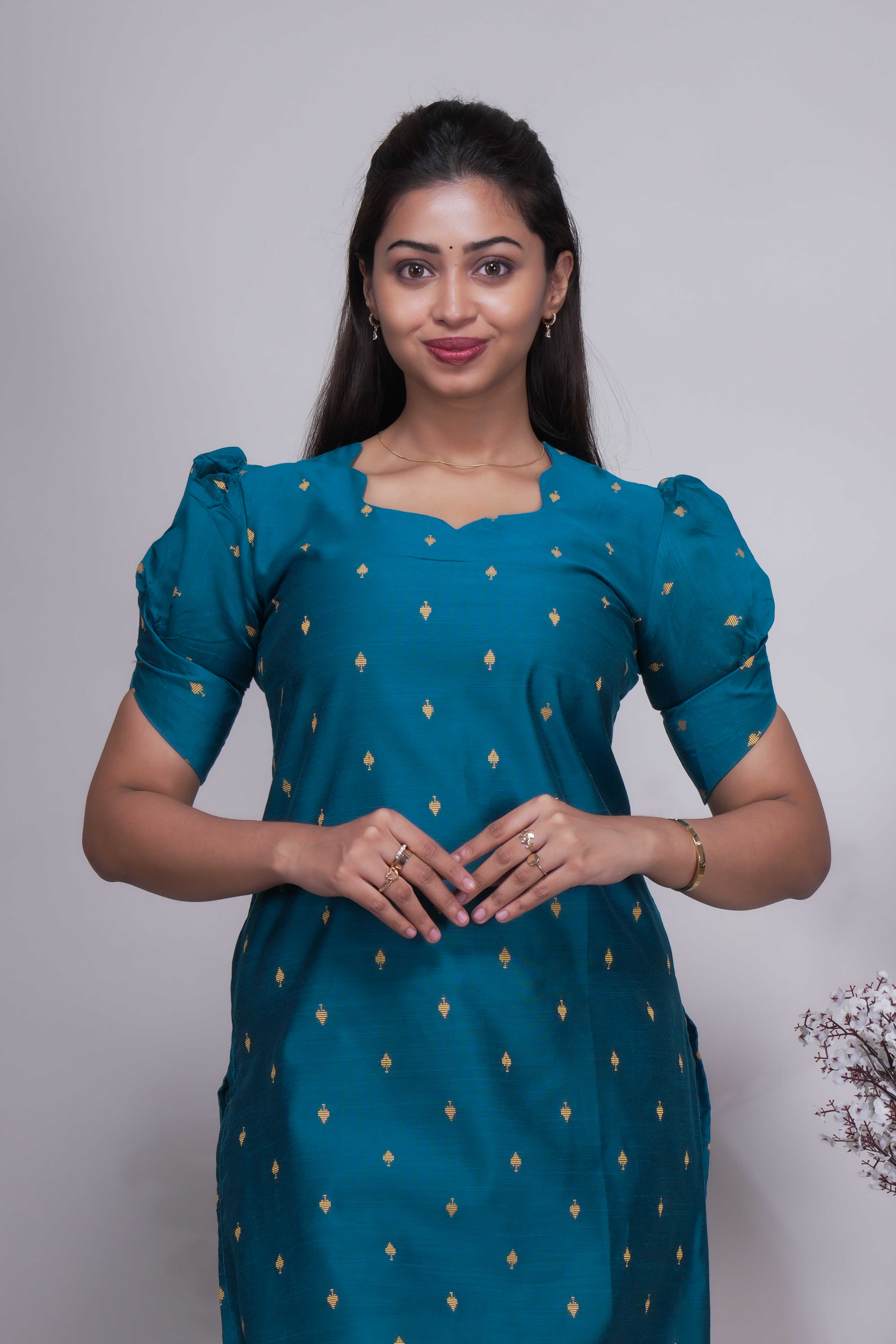 Teal Blue Gold Butta Straight cut salwar suit with Off-White Pants & Woven Tassel Dupatta Set - Image 4
