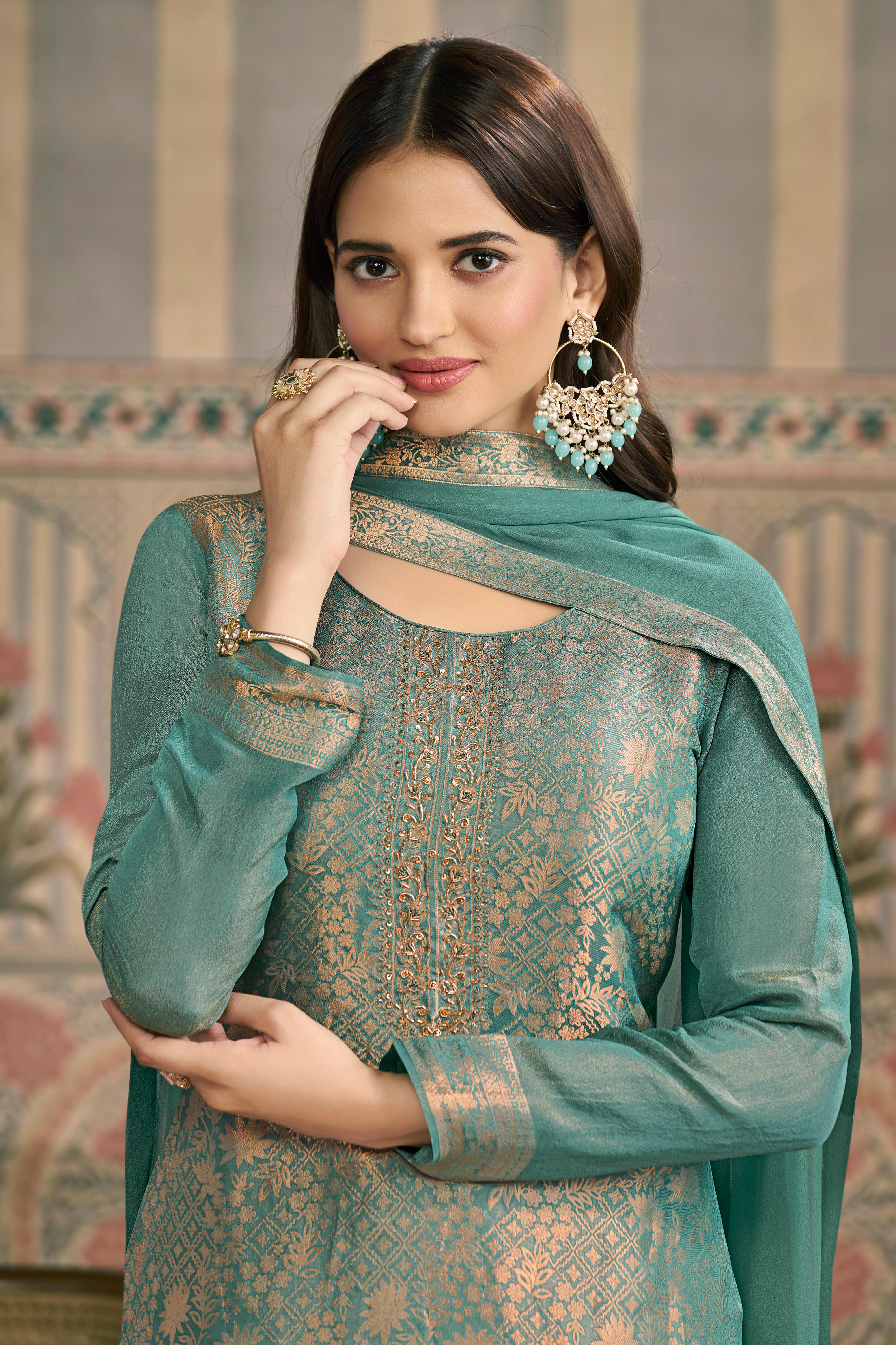 Green viscose shimmer jacquard chudidhar material set with pant and dupatta - Image 2