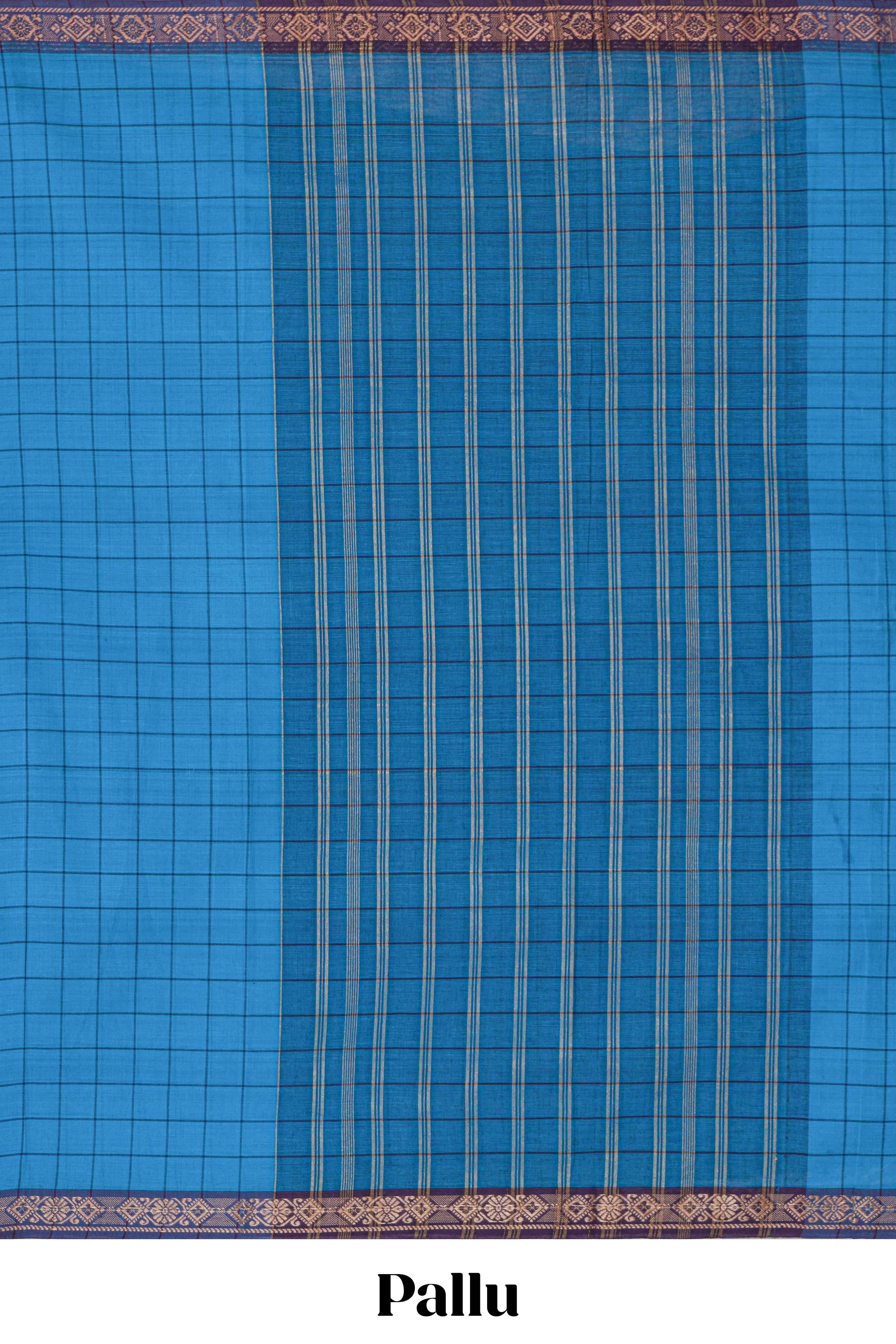 Traditional blue colour Madisar Style Nine Yard Saree with checks and contrast border and Contrast pallu along with blouse piece - Image 2