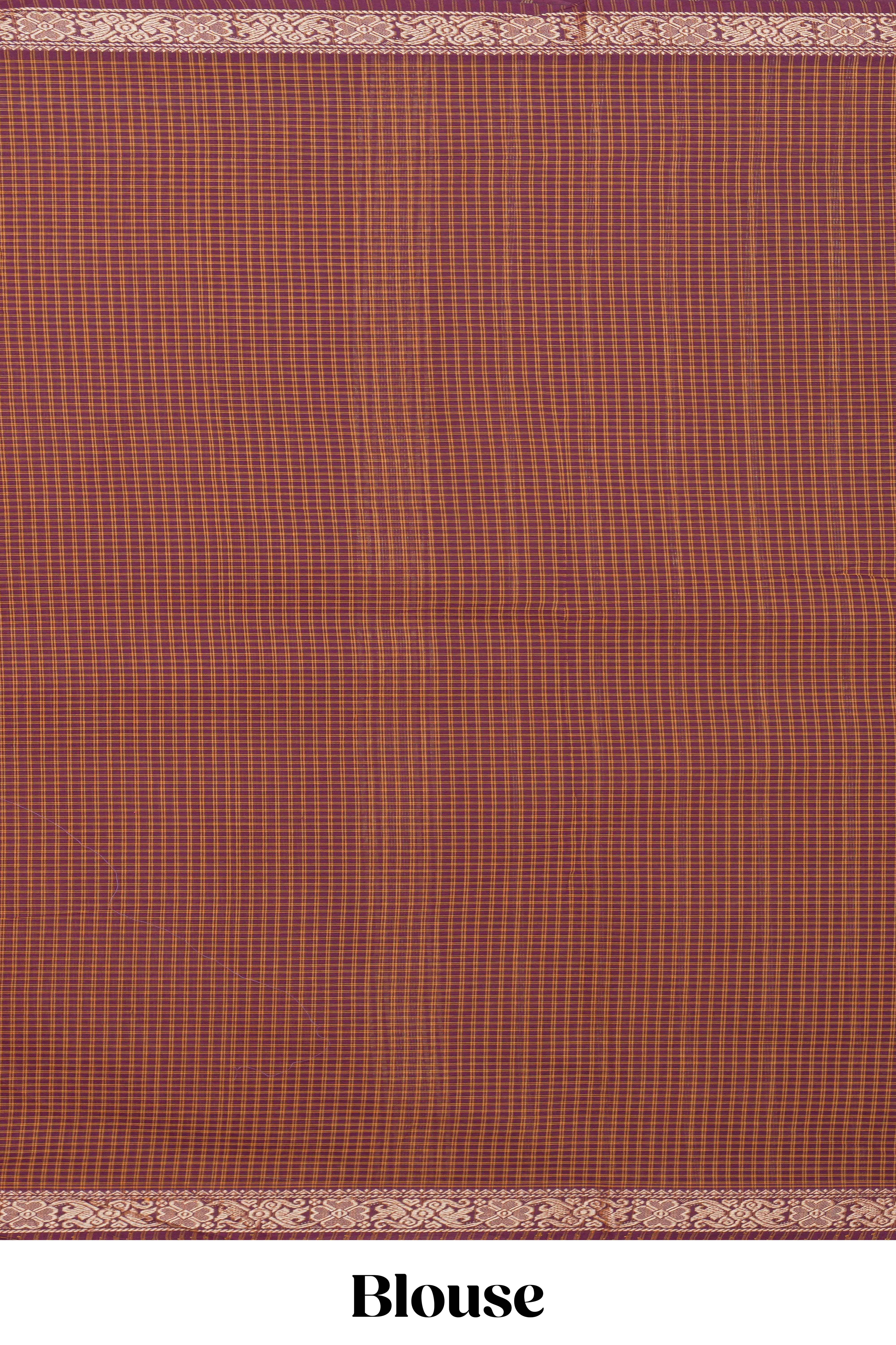 Traditional Brown Madisar Style Nine Yard Saree with checks and traditional thread motifs border and contrast pallu along with blouse piece - Image 3