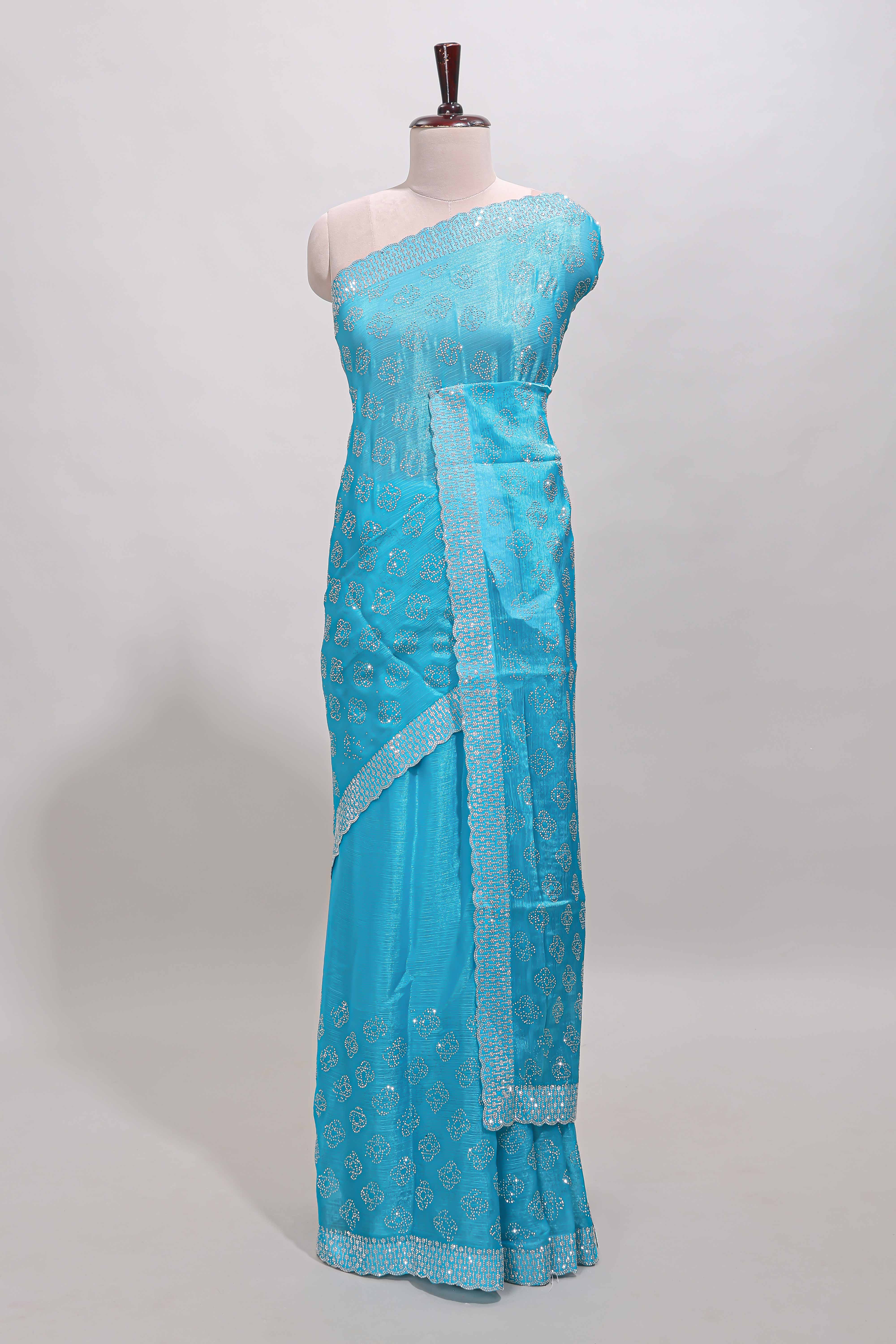Turquiose blue floral butta design stone work designer saree with self scallop border and matching blouse - Image 2