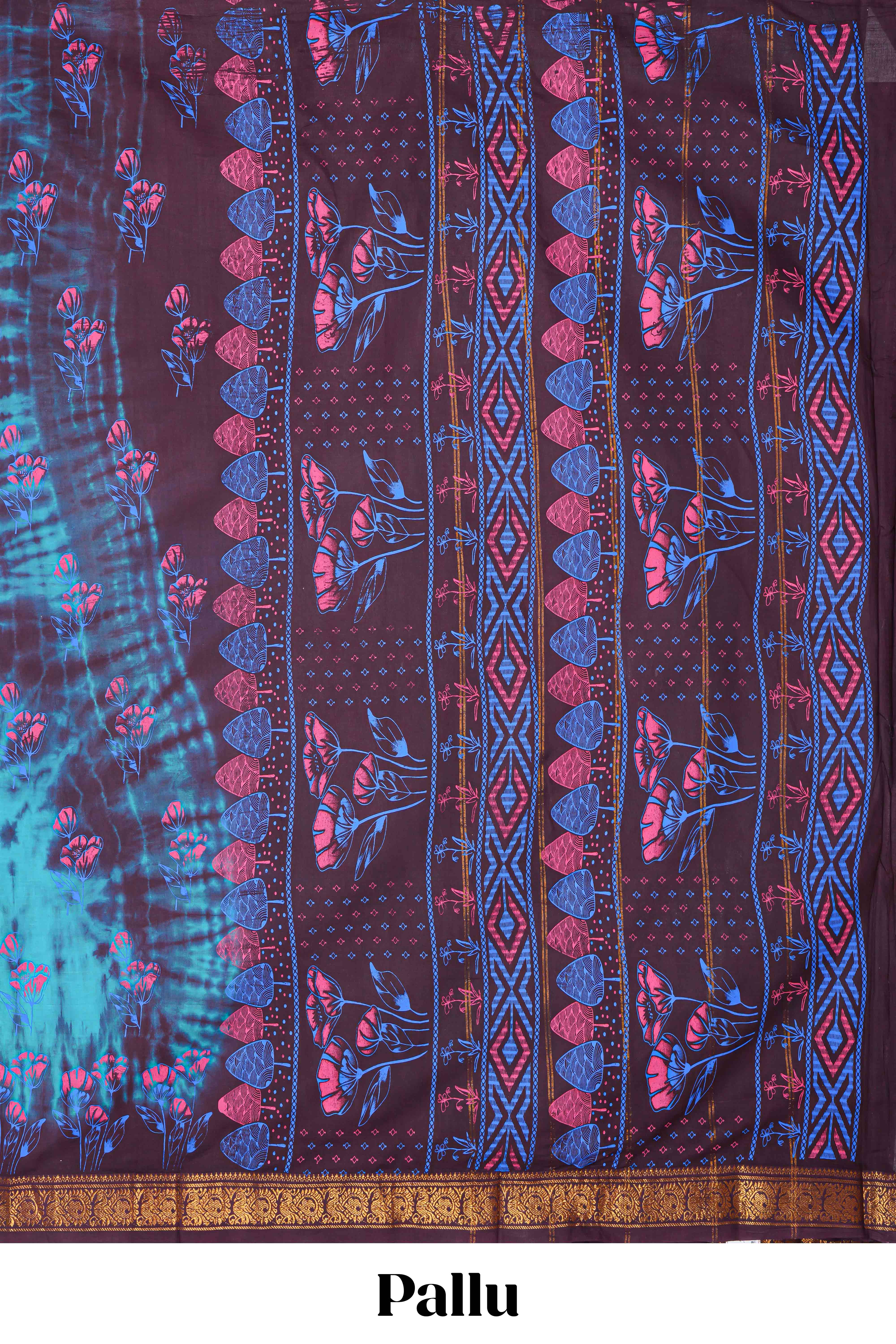 Turquiose blue with brown floral design shibori print sungudi cotton saree with contrast zari bentex border and pallu - Image 2