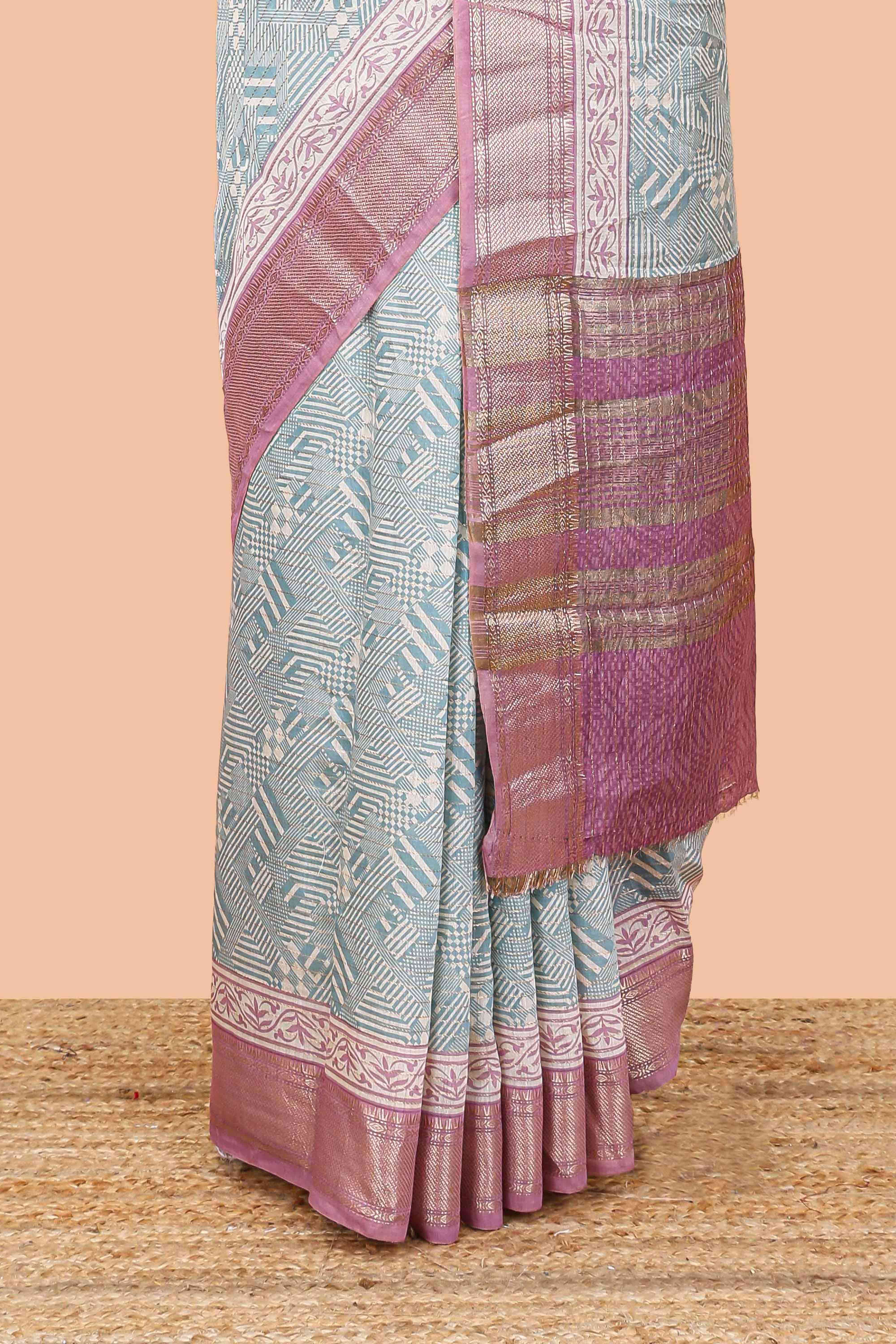 Turquoise blue assam silk saree with geometric print body, contrast zari border, and zari stripe pallu - Image 4