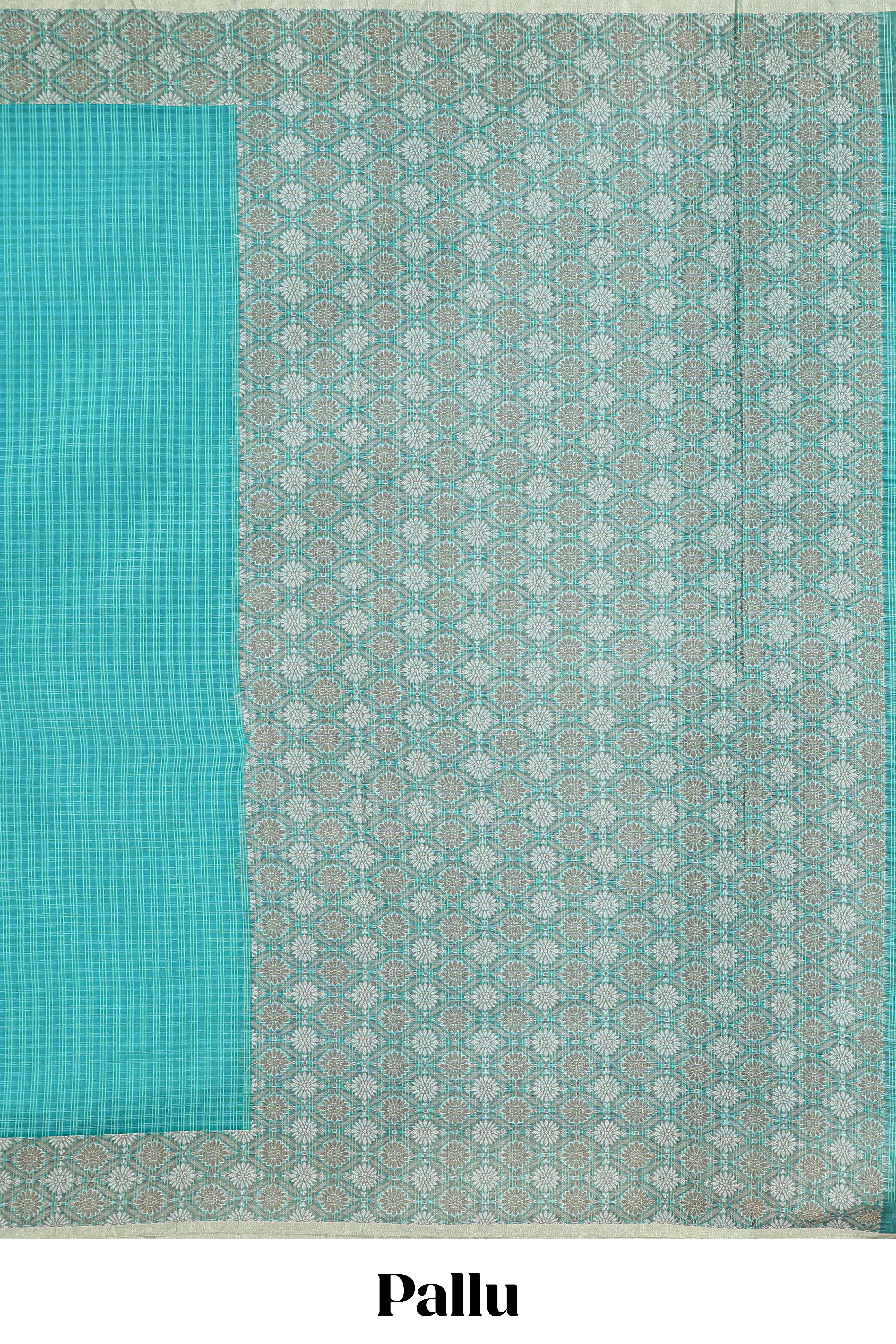 Turquoise blue checked kota cotton saree with contrast border and floral design blouse - Image 2