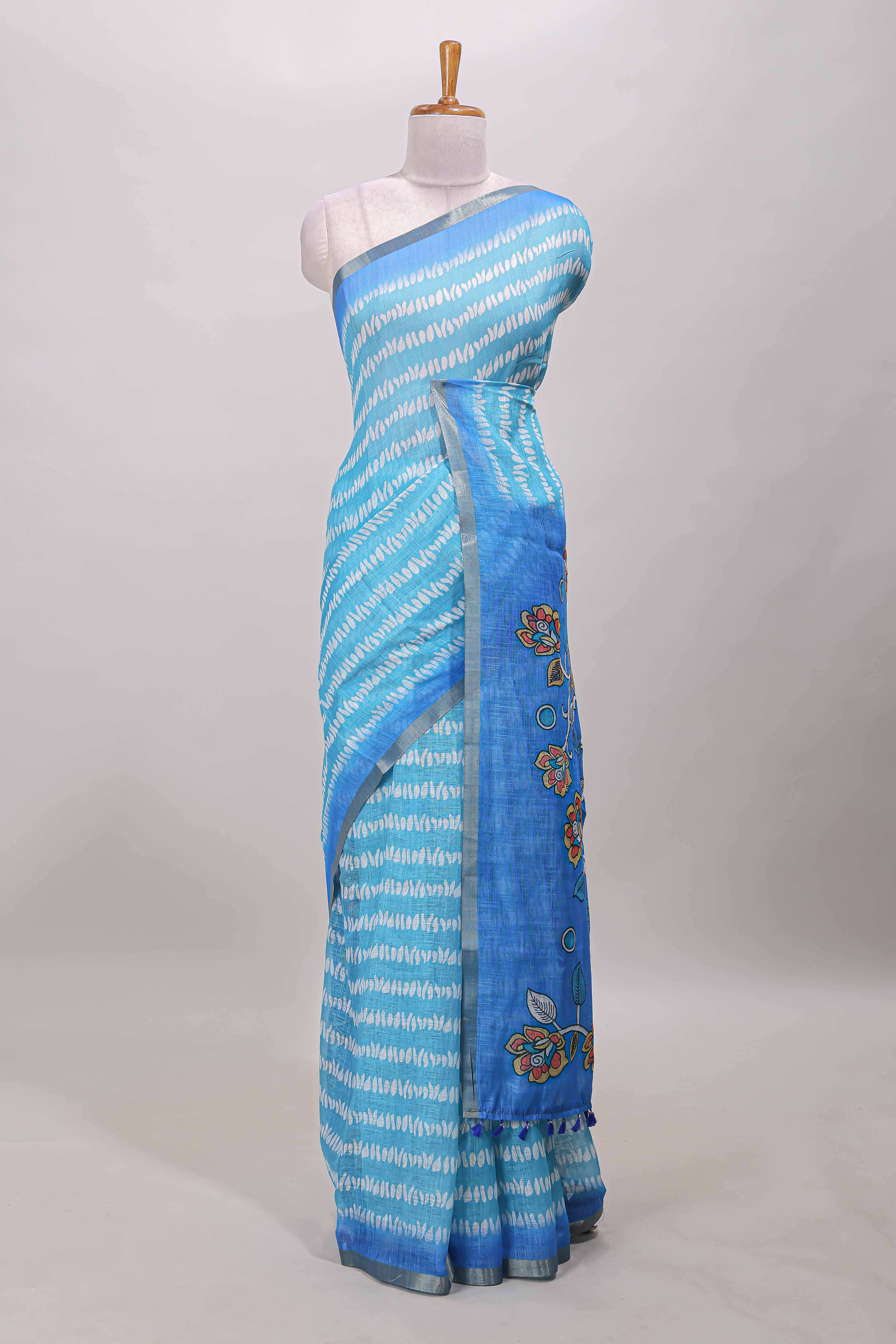 Turquoise blue floral petal striped design linen cotton with self zari border and floral printed pallu - Image 2