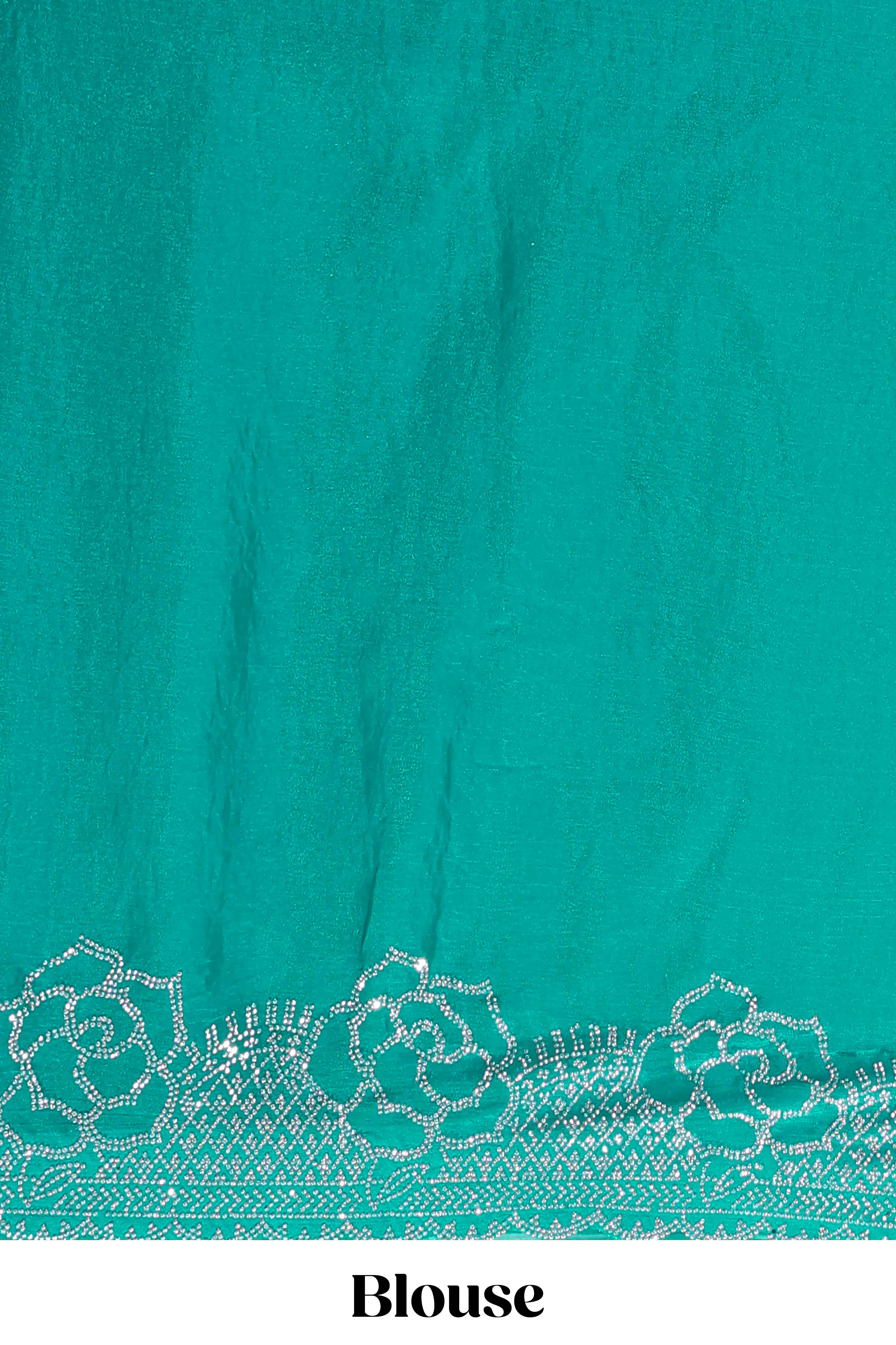 Turquoise blue floral vine stone work designer saree with self scallop border and matching blouse - Image 5