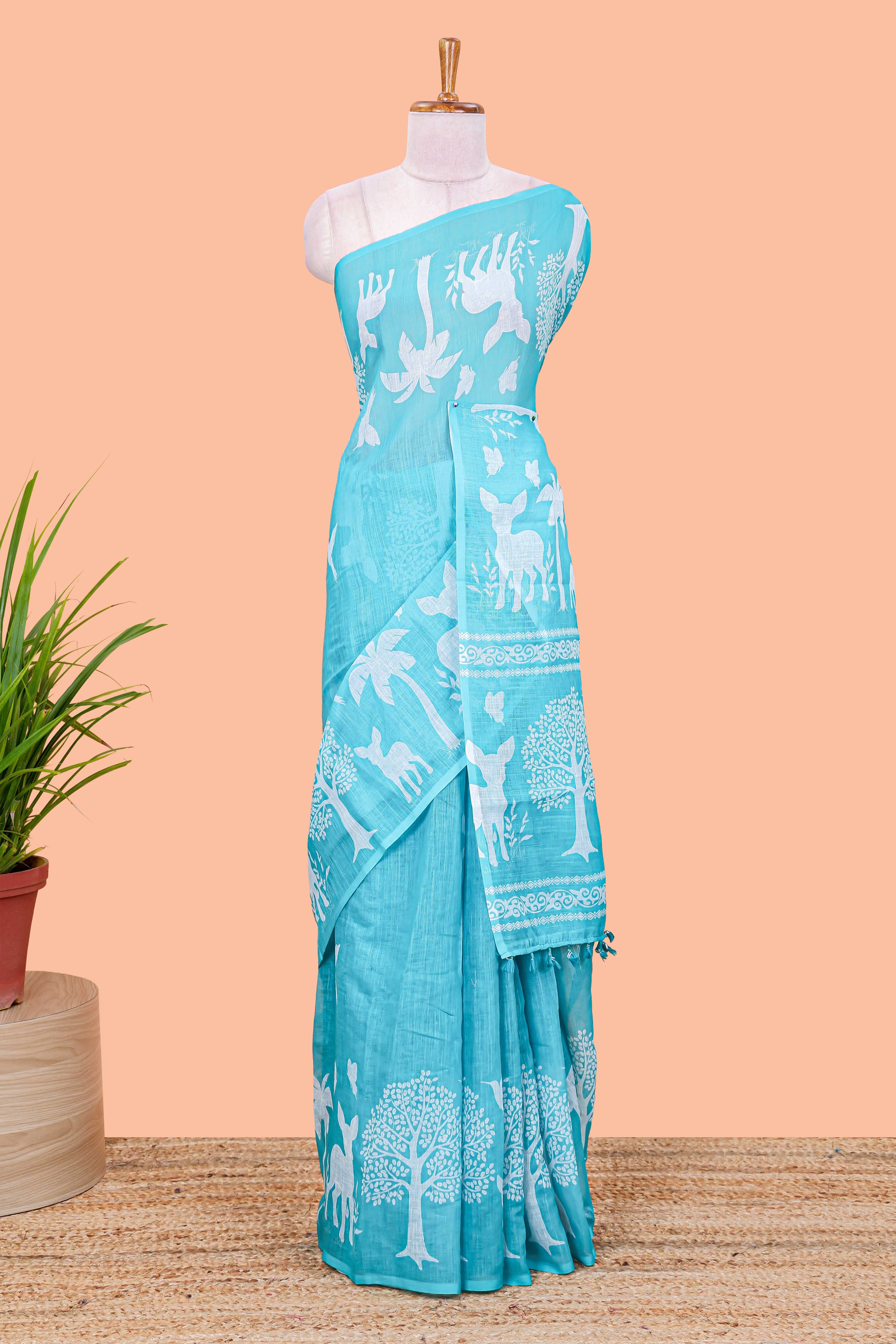 Turquoise blue forest birds and animals theme linen cotton saree with self palm tree border - Image 2