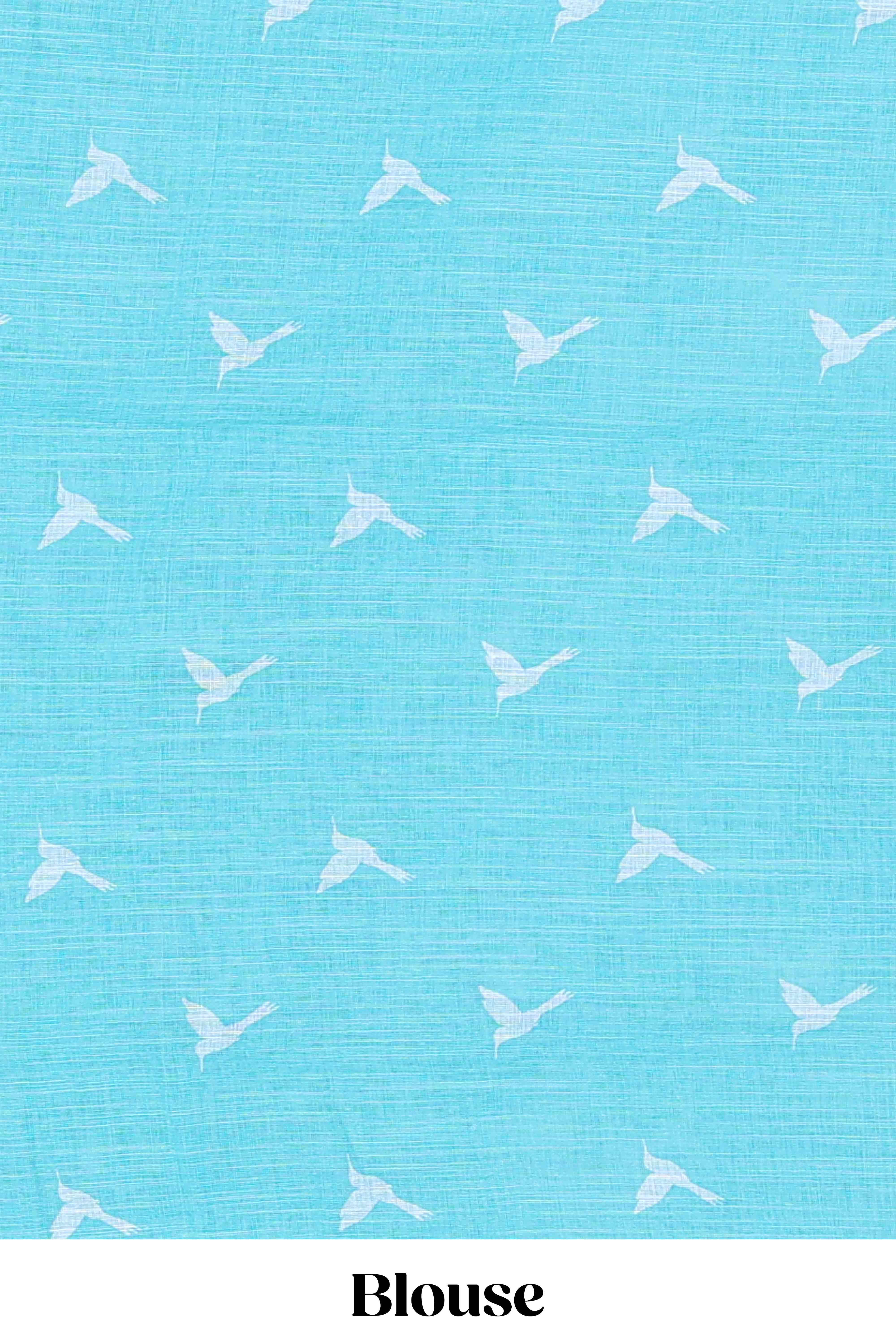 Turquoise blue forest birds and animals theme linen cotton saree with self palm tree border - Image 5