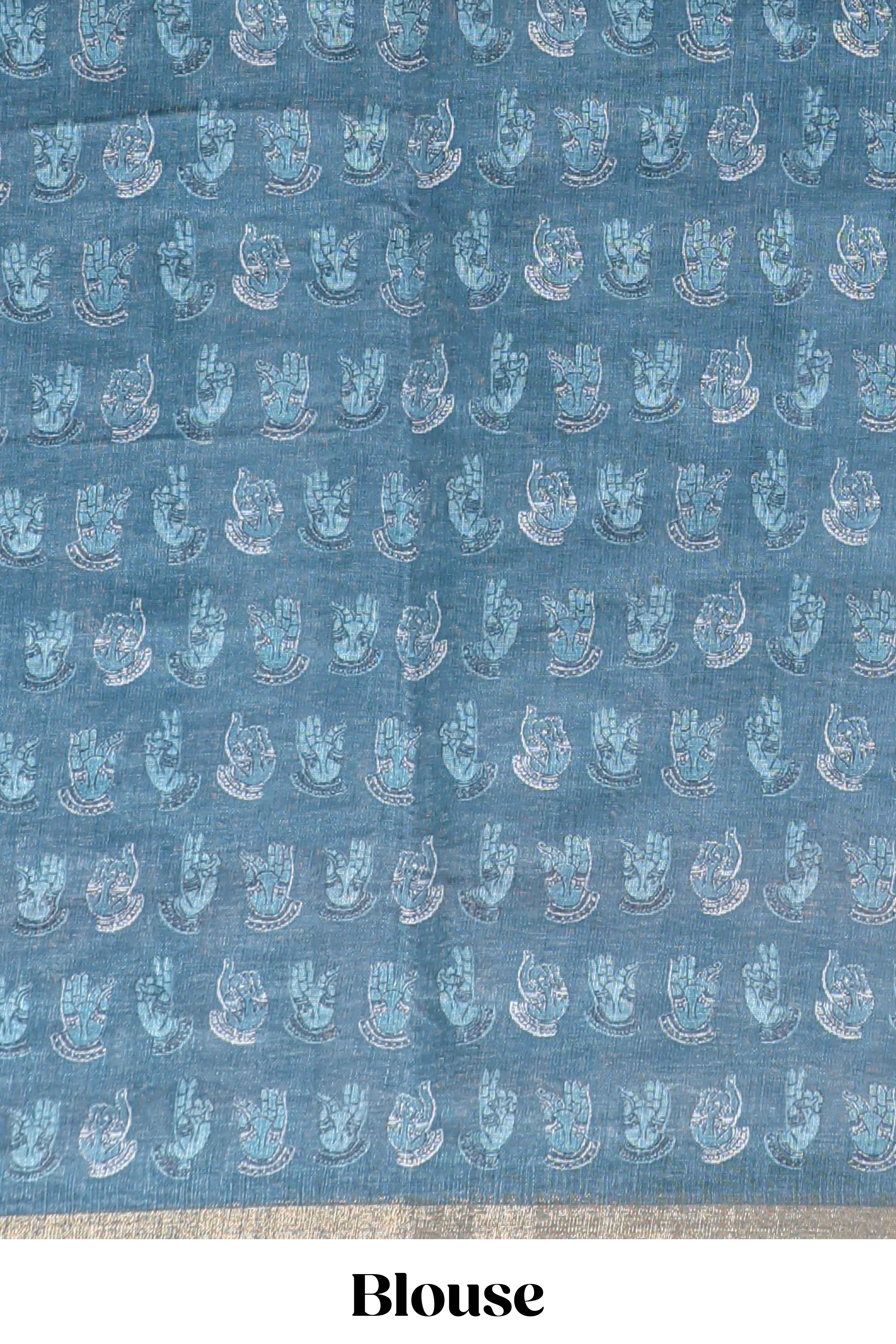 Turquoise blue shibori style classical dance muthirai design linen cotton saree with contrast border and blouse - Image 5