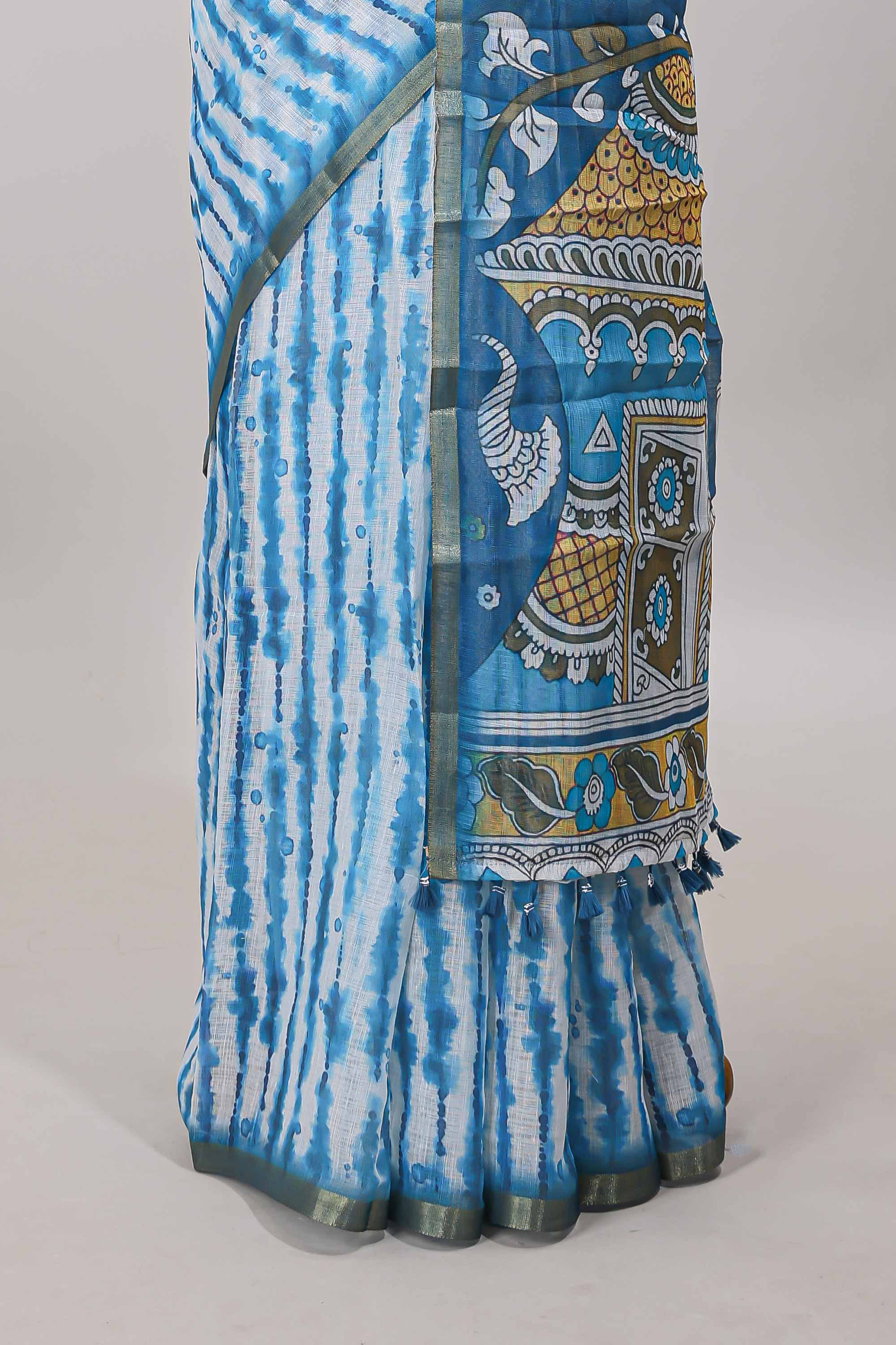 Turquoise blue striped shibori print linen cotton saree with self zari border and printed pallu - Image 4