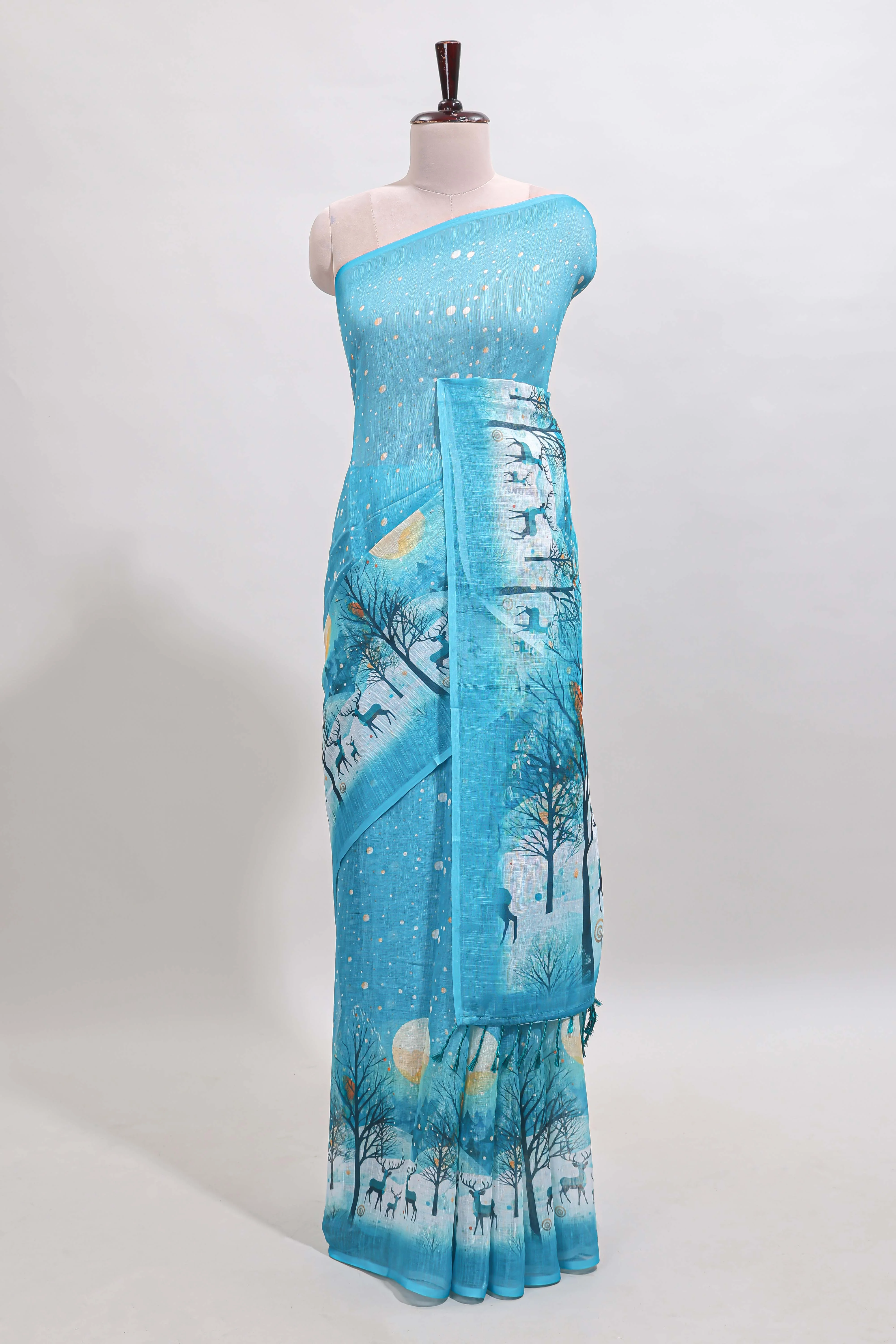 Turquoise blue winter themed linen cotton saree with self border and matching blouse - Image 2