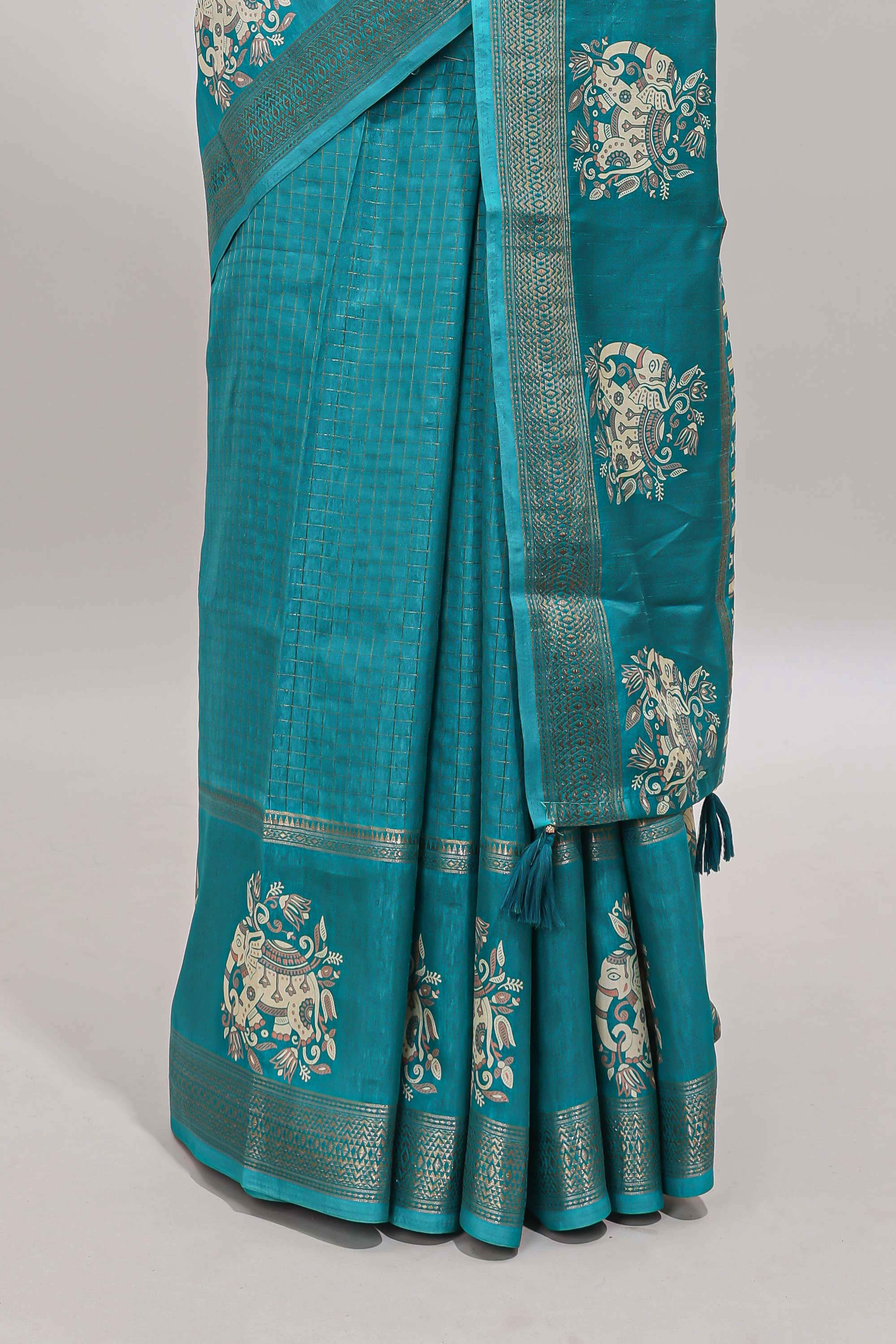 Turquoise green checked elephant motifs dola silk saree with self zari border and striped pallu - Image 4