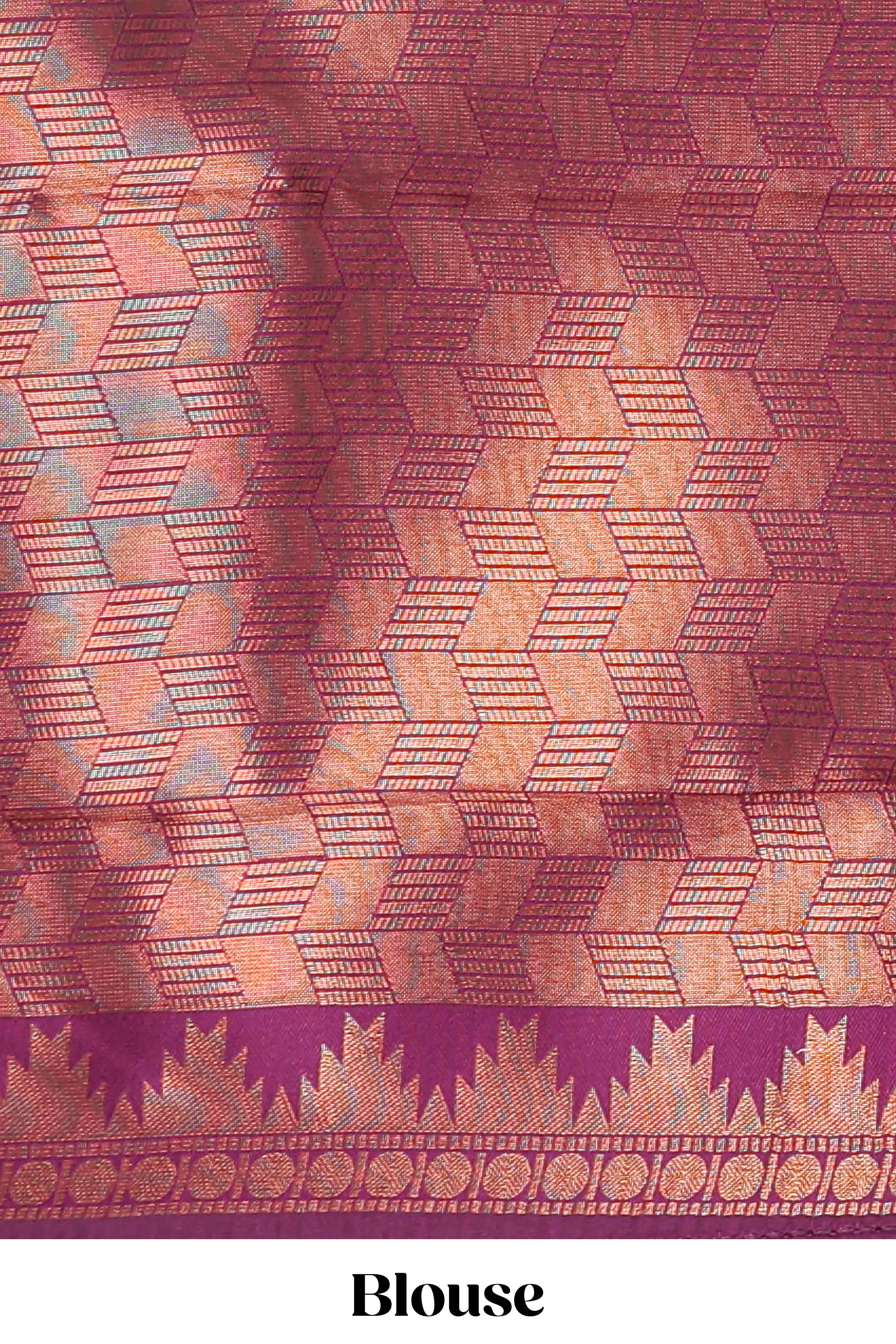 Turquoise green checked geometric design litchi silk saree with contrast ikkat style bentex zari border and blouse - Image 5