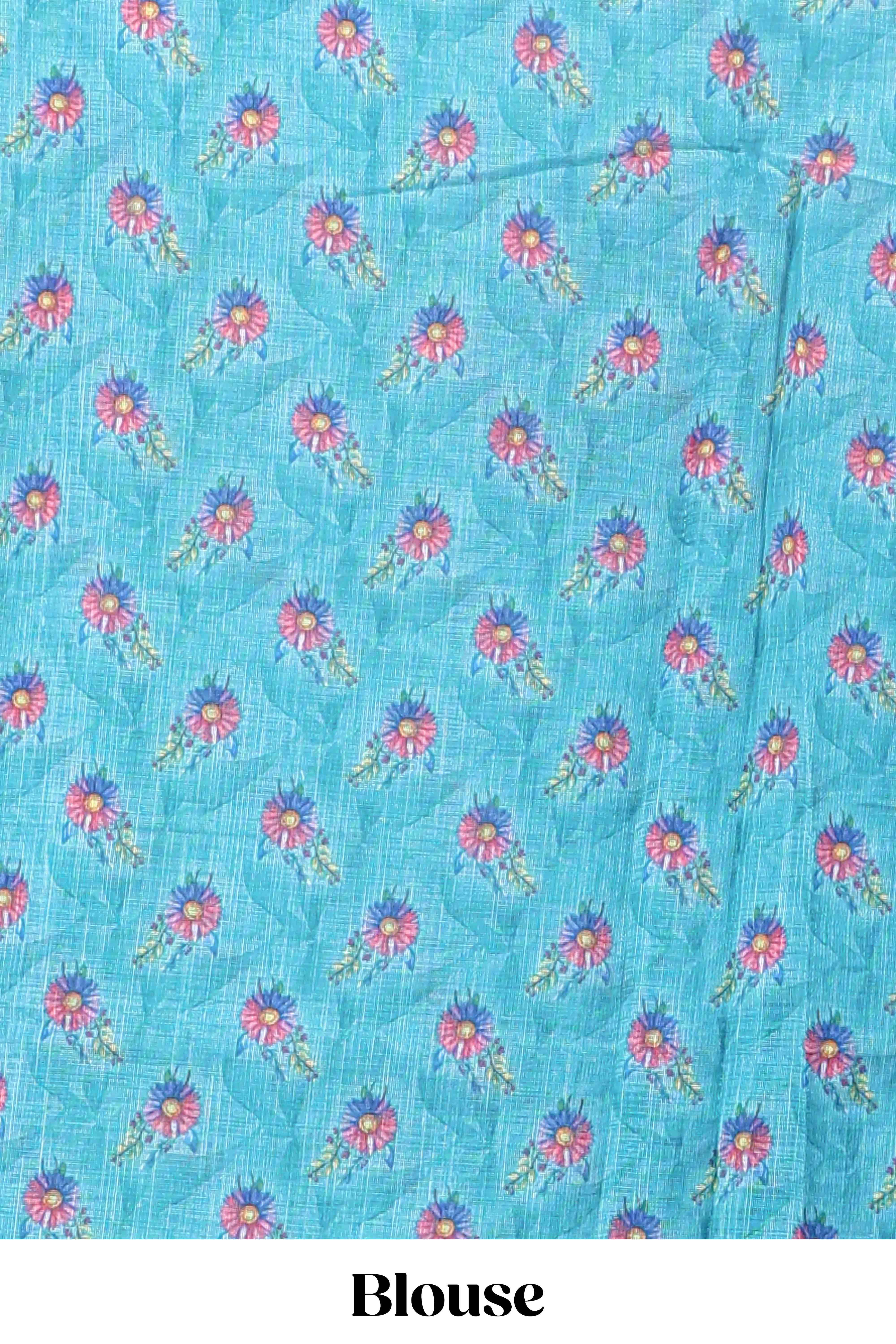 Turquoise green floral print linen cotton saree with self zari border and matching blouse - Image 5