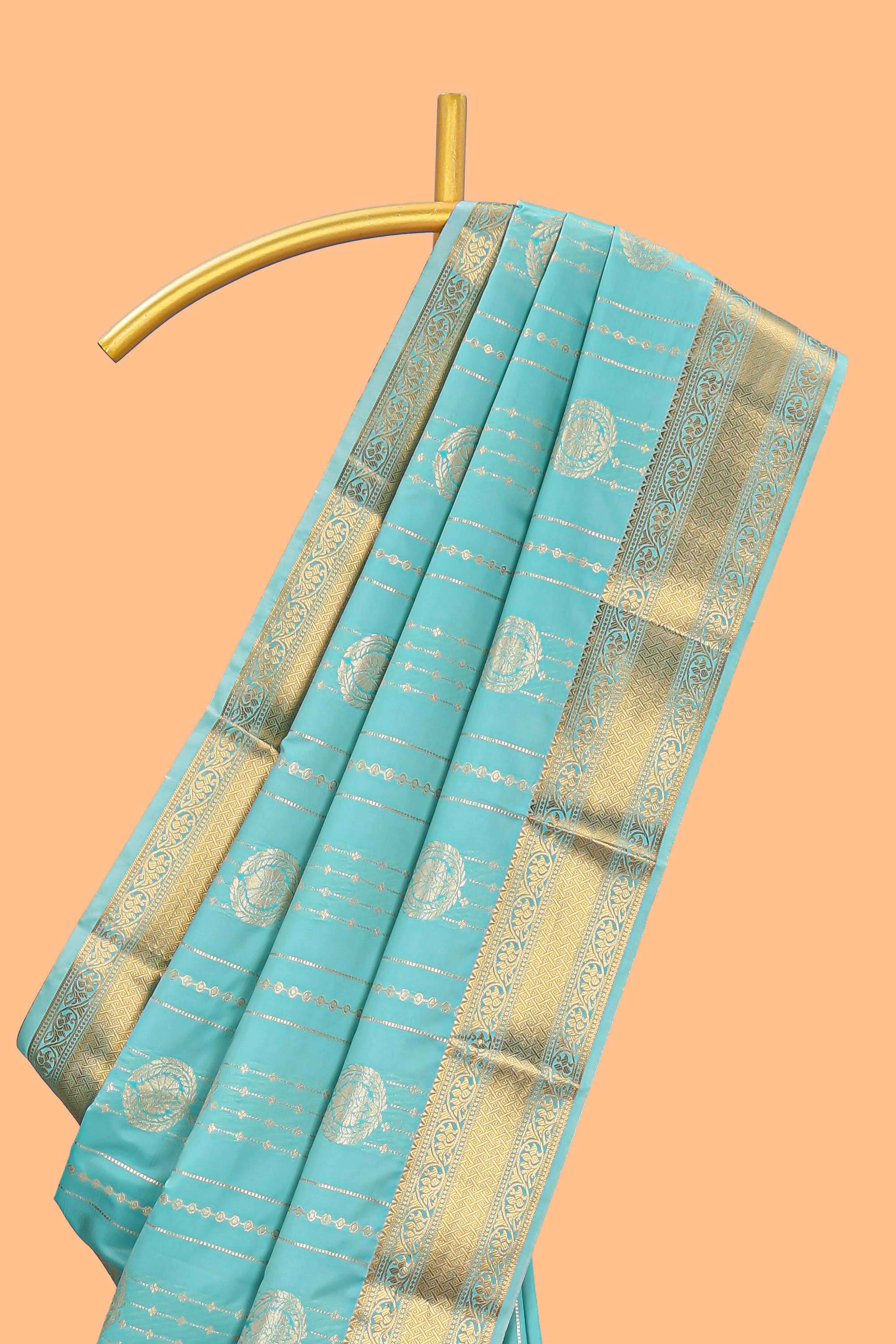 Turquoise green striped zari motifs art silk saree with self zari border and matching blouse - Image 2