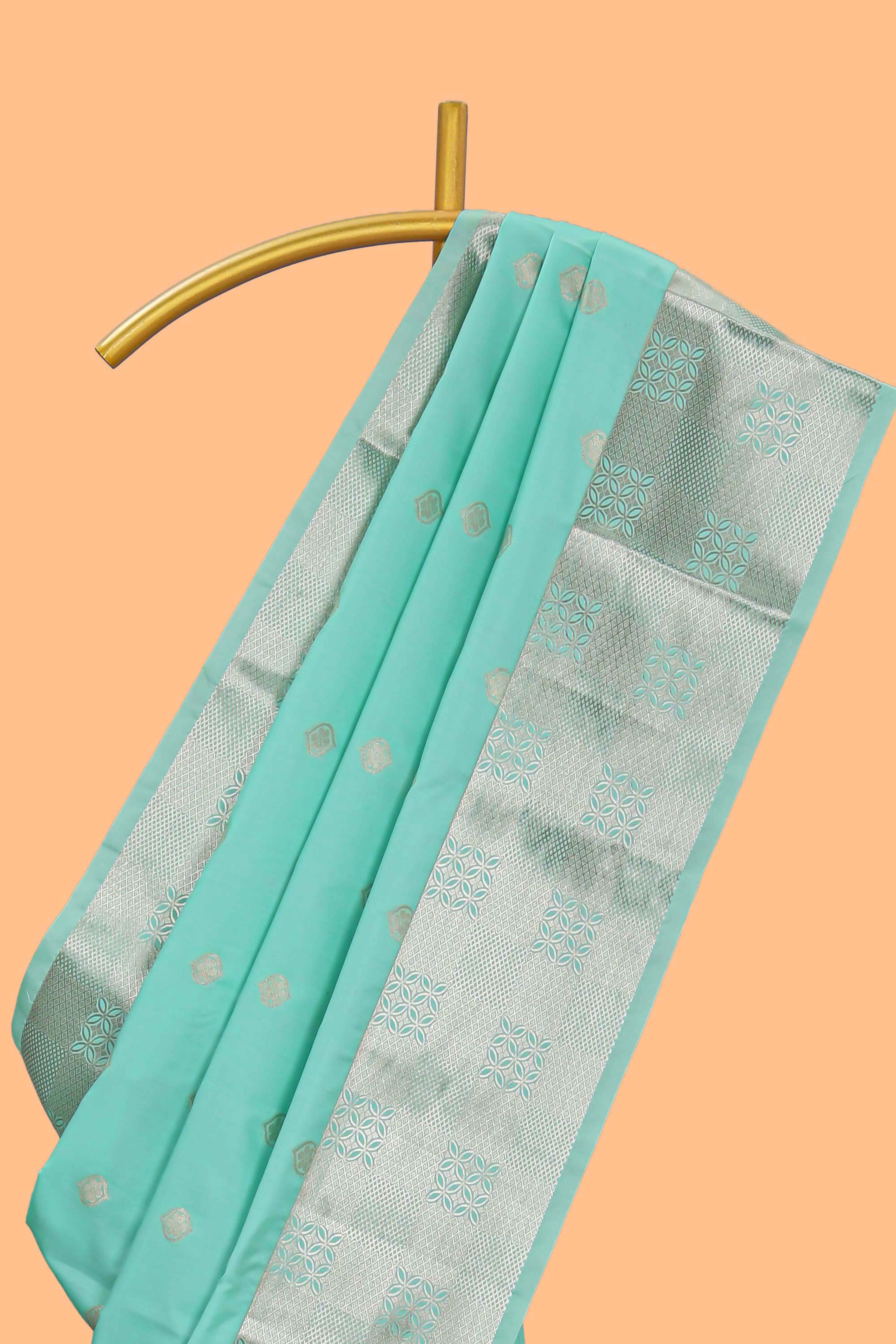 Turquoise green zari motifs art silk saree with self zari border and matching blouse - Image 2