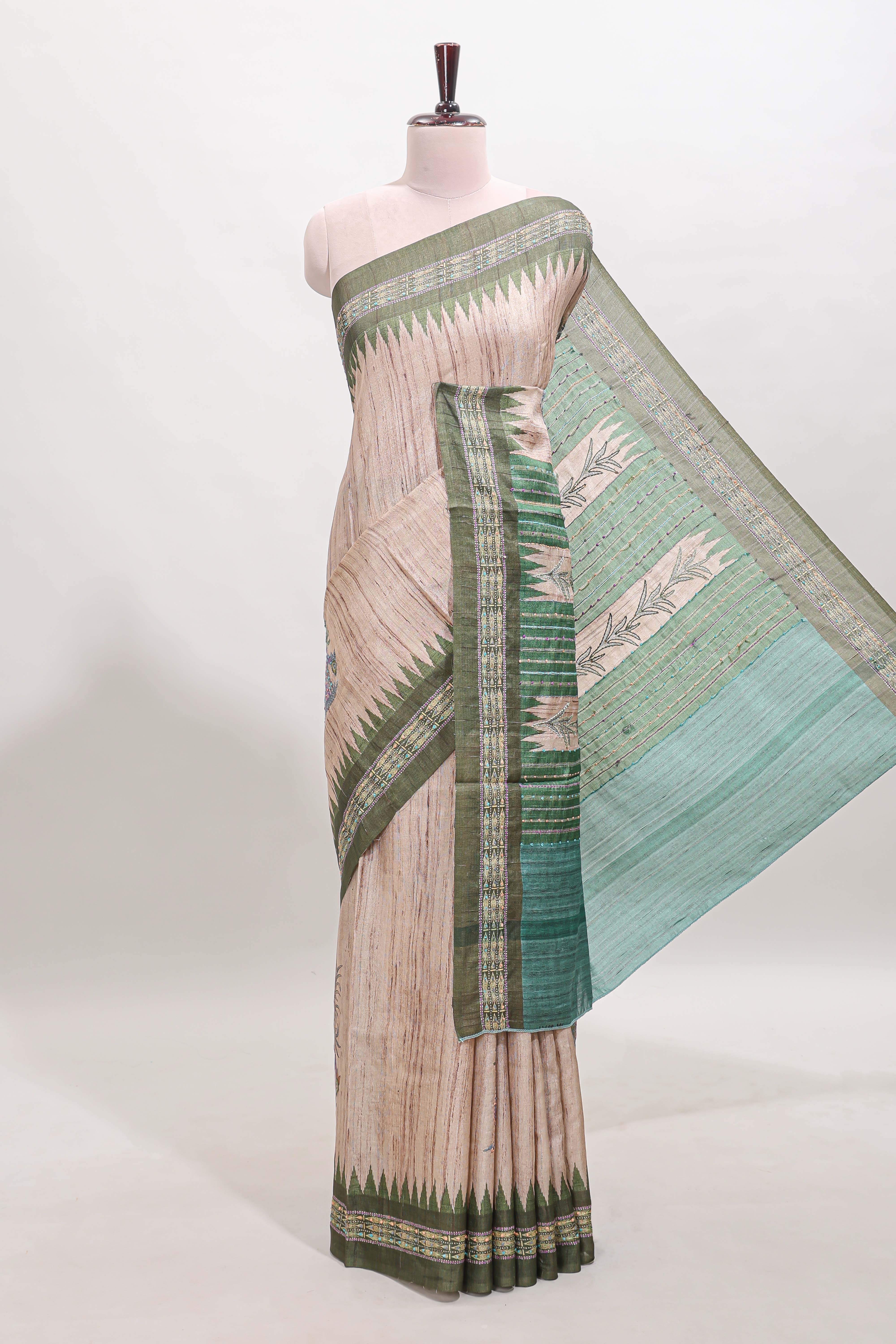 Tussar saree in beige tone delicate floral embroidery featuring dark green borders and woven pallu along with contrast blouse - Image 2