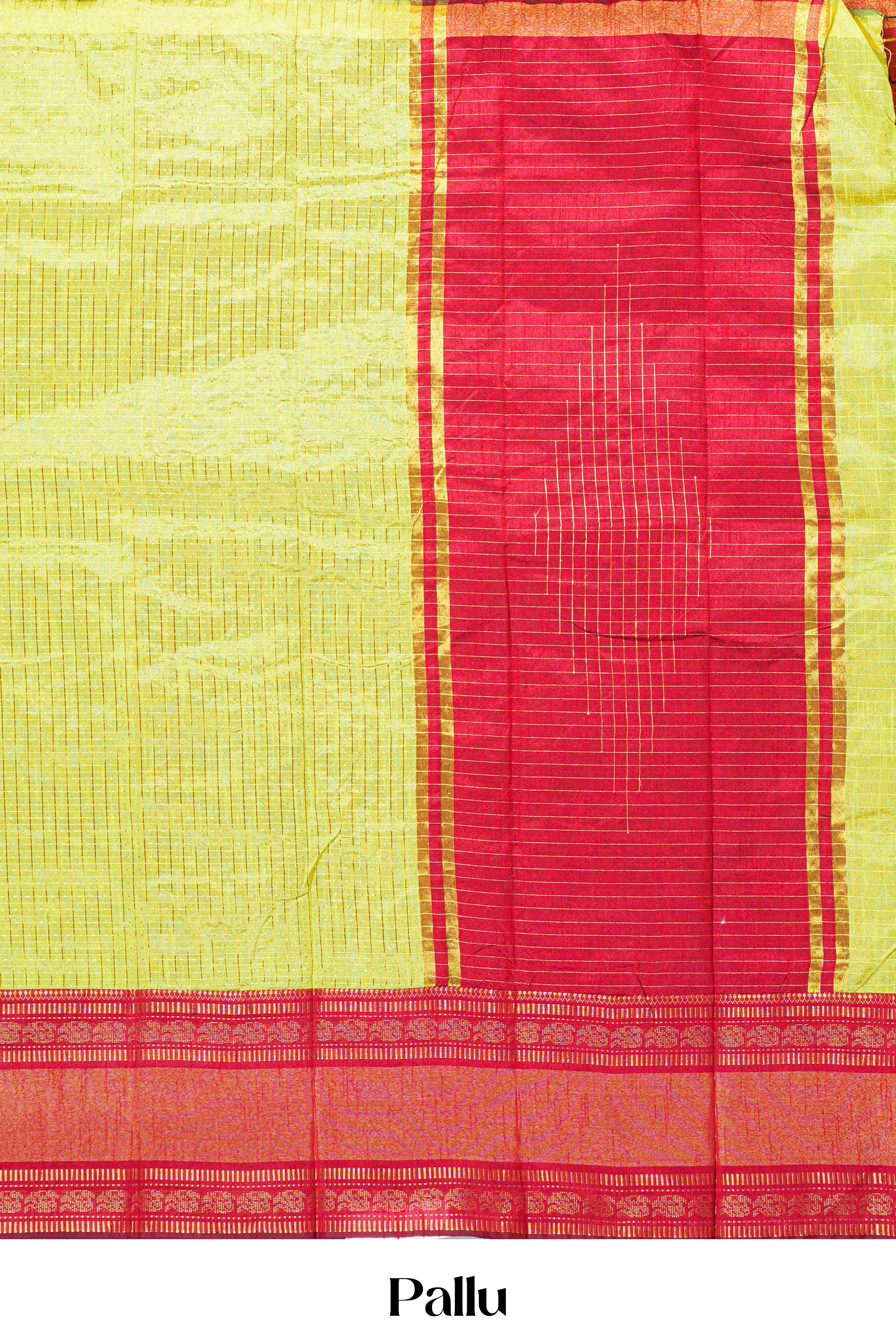 Tussar Saree Golden Zari Weaving Across The Body Rich Red Contrast Border Zari Motifs, Stripes Design In pallu With Contrast Blouse - Image 5