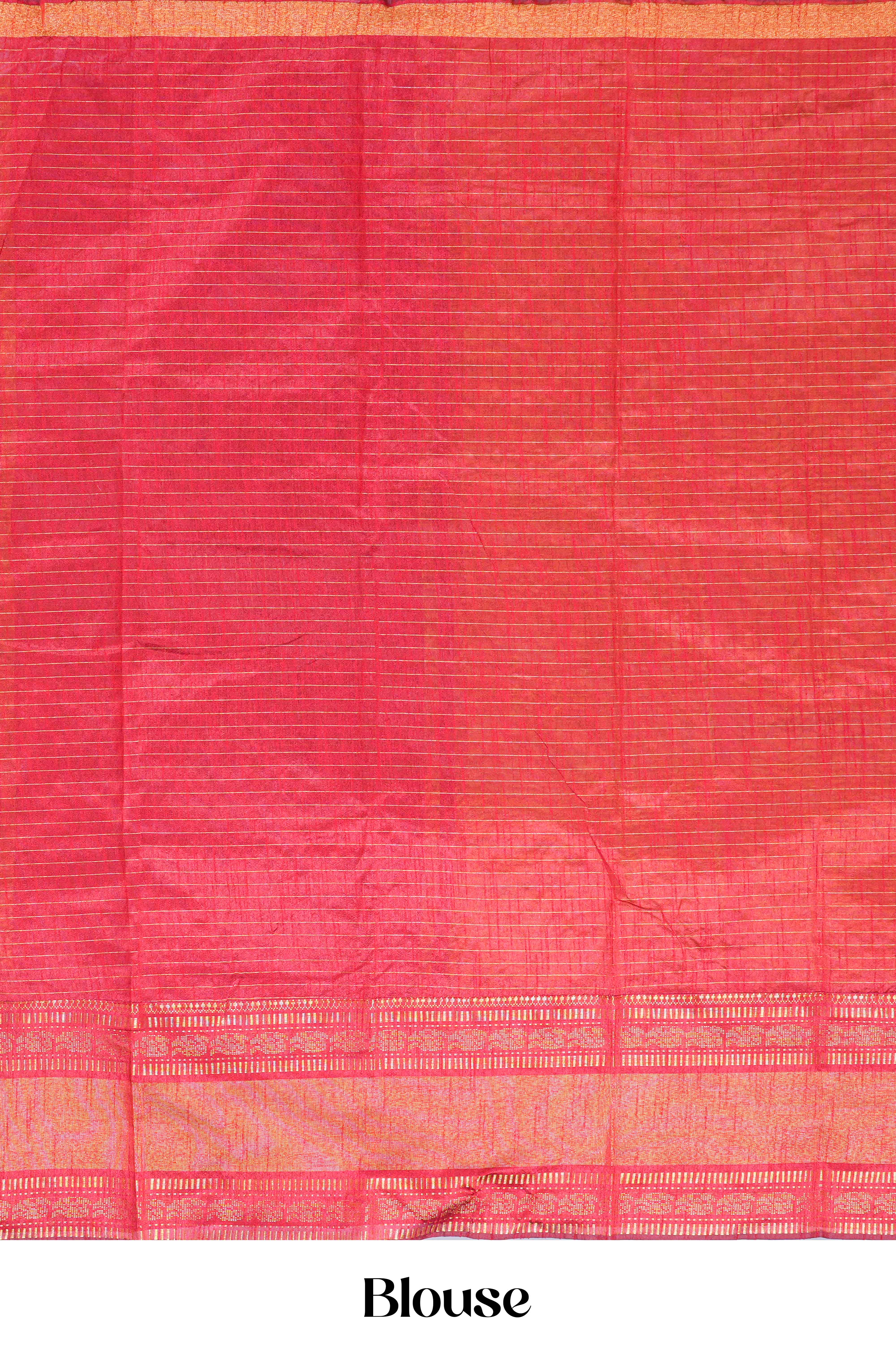 Tussar Saree Golden Zari Weaving Across The Body Rich Red Contrast Border Zari Motifs, Stripes Design In pallu With Contrast Blouse - Image 6