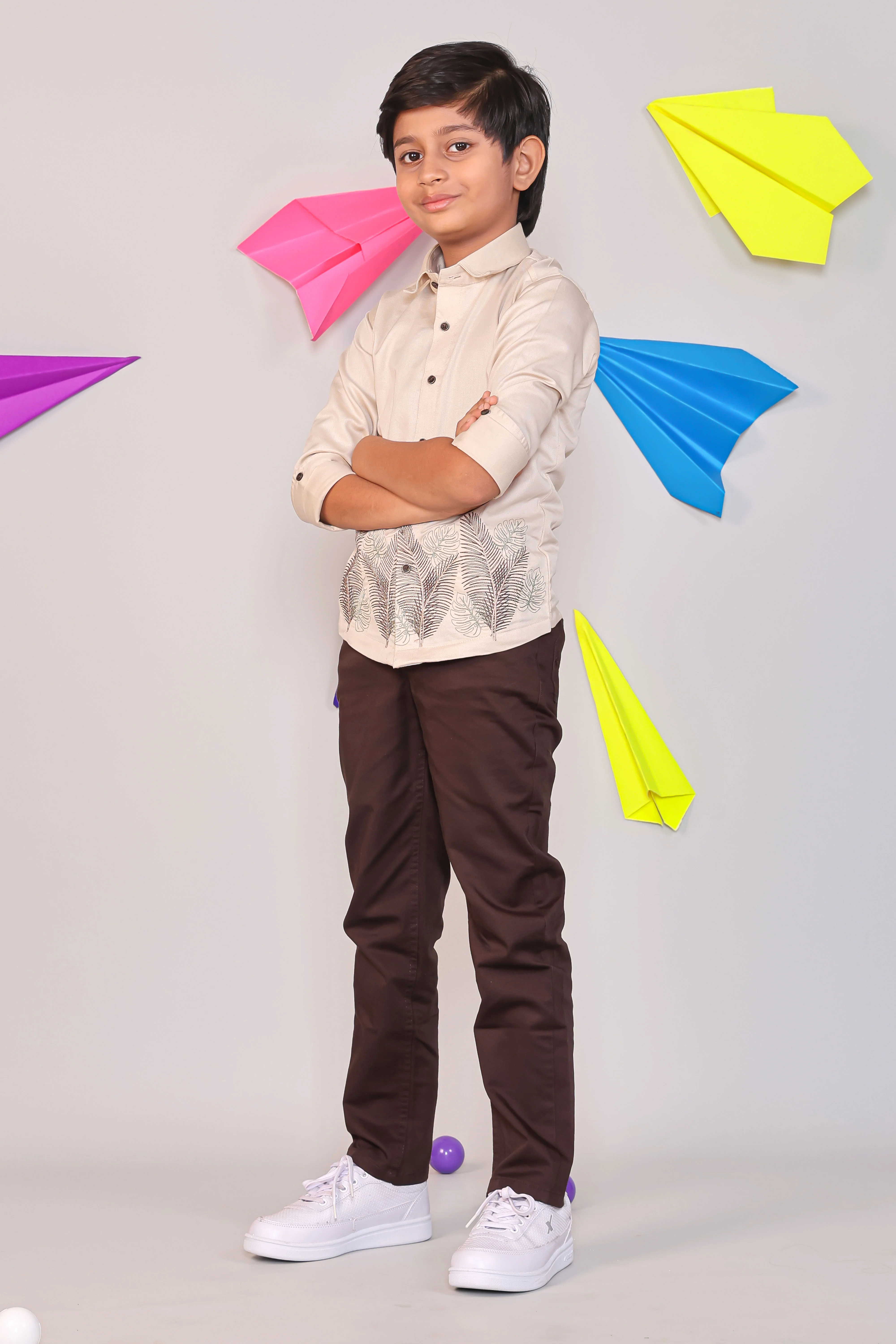 Two Piece Kids Party Wear Outfit - Beige Leaf Embroidery Shirt & Black Chino Pants - Image 2