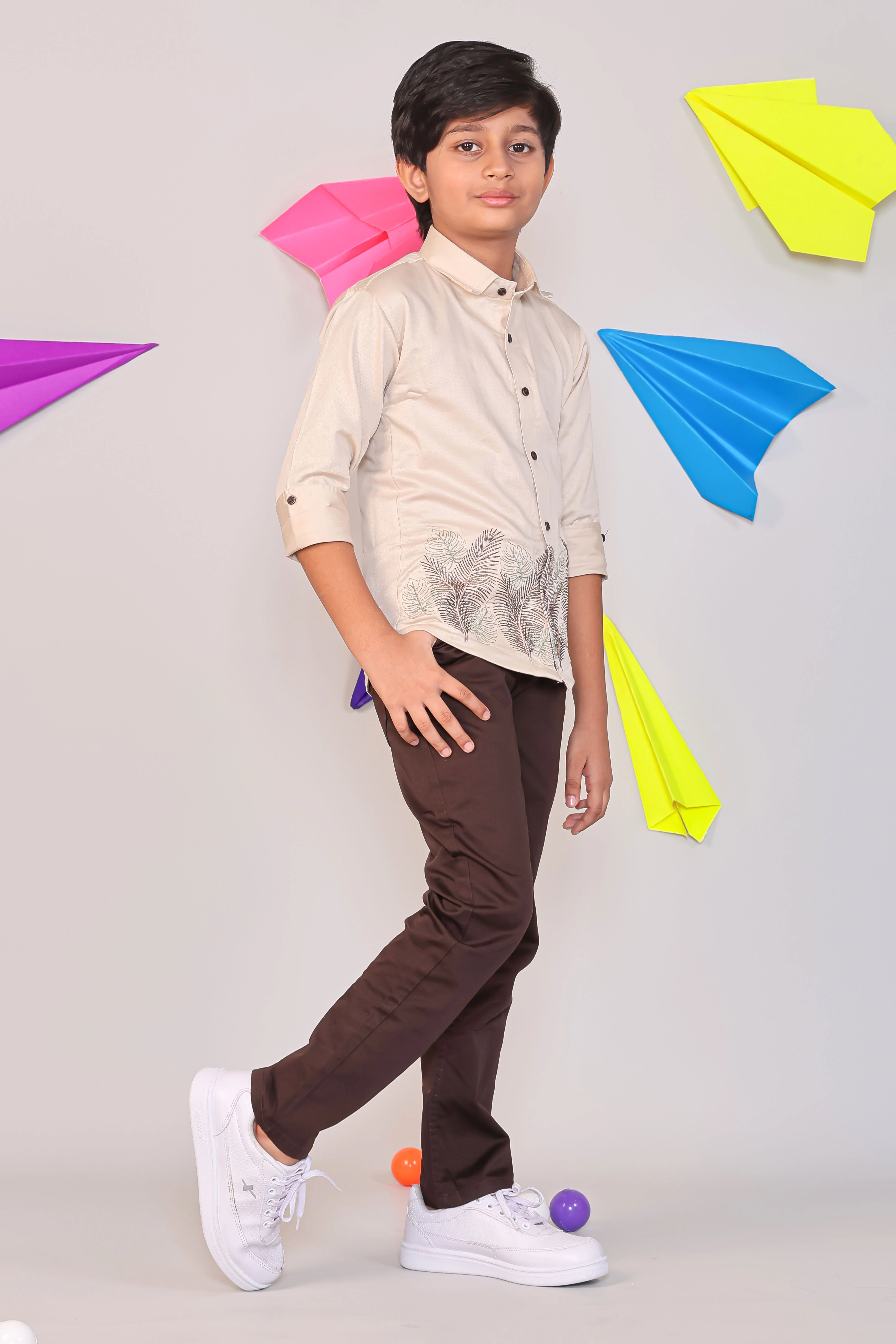 Two Piece Kids Party Wear Outfit - Beige Leaf Embroidery Shirt & Black Chino Pants - Image 3
