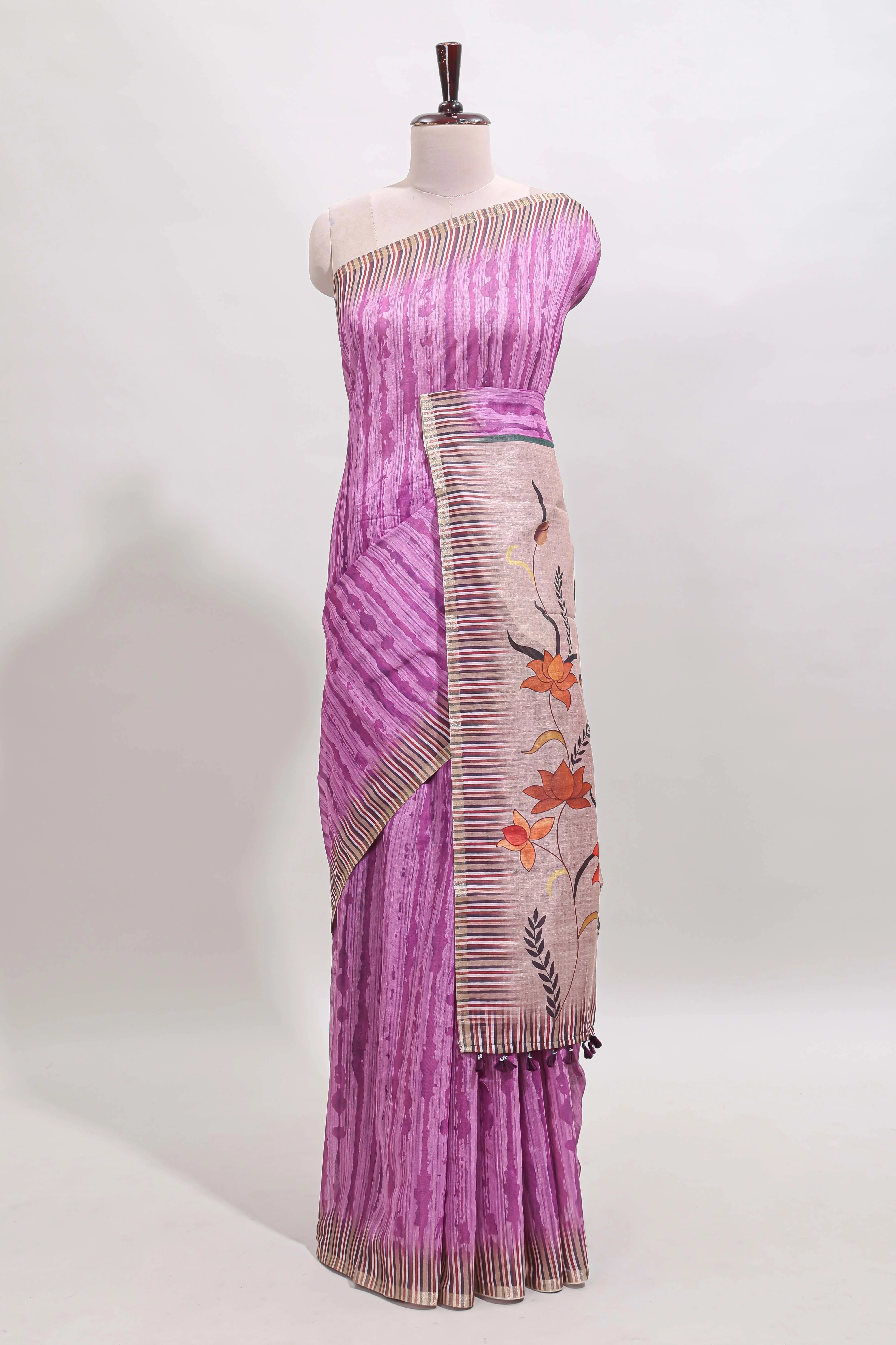Ultra pink striped digital print linen cotton saree with contrast border and floral design pallu - Image 2