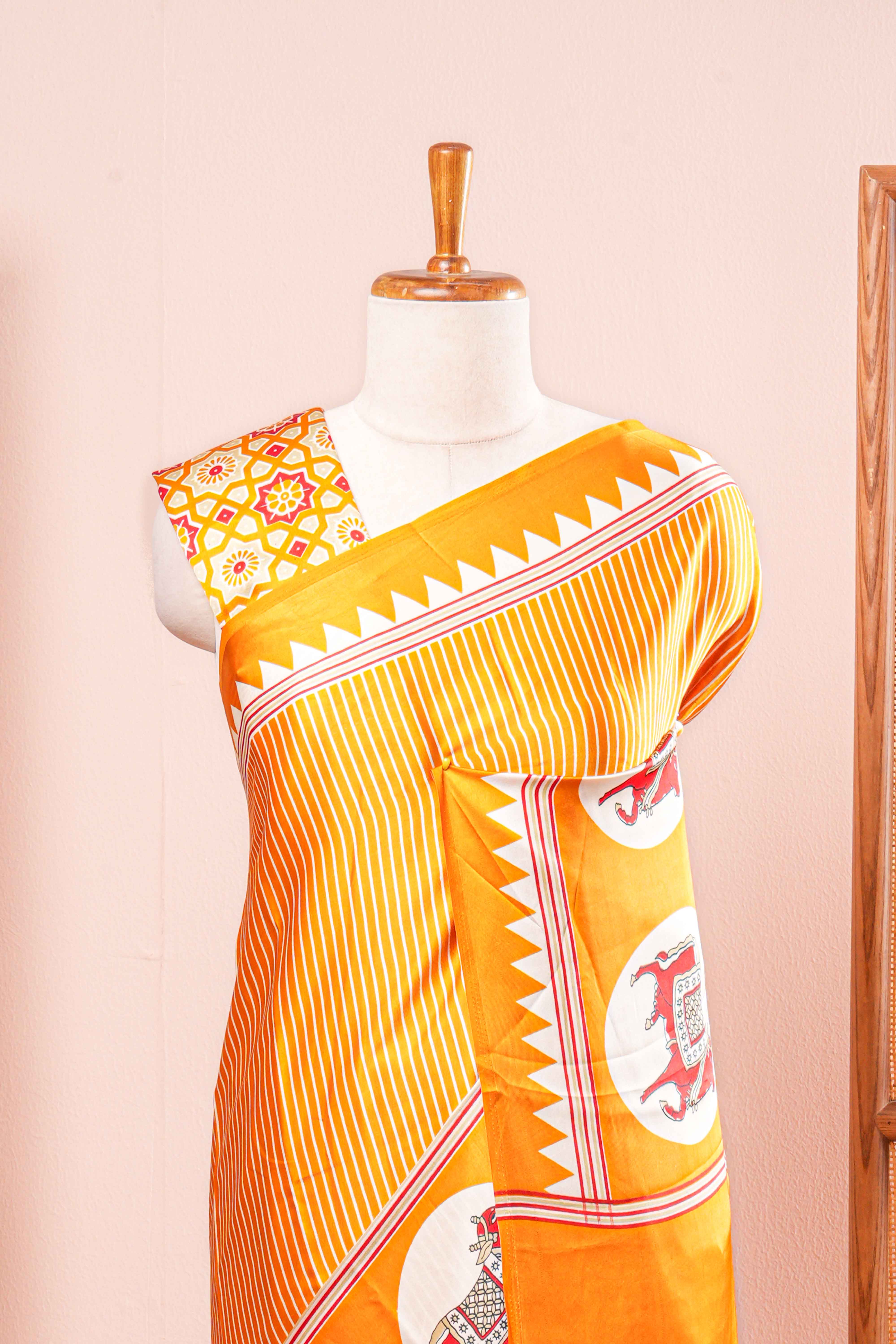 Vibrant Yellow Modal Silk Saree The Body Has Fine Vertical White Stripes The Border Are Highlighted Pichwai Design Along With Ajrakh Printed Blouse - Image 3