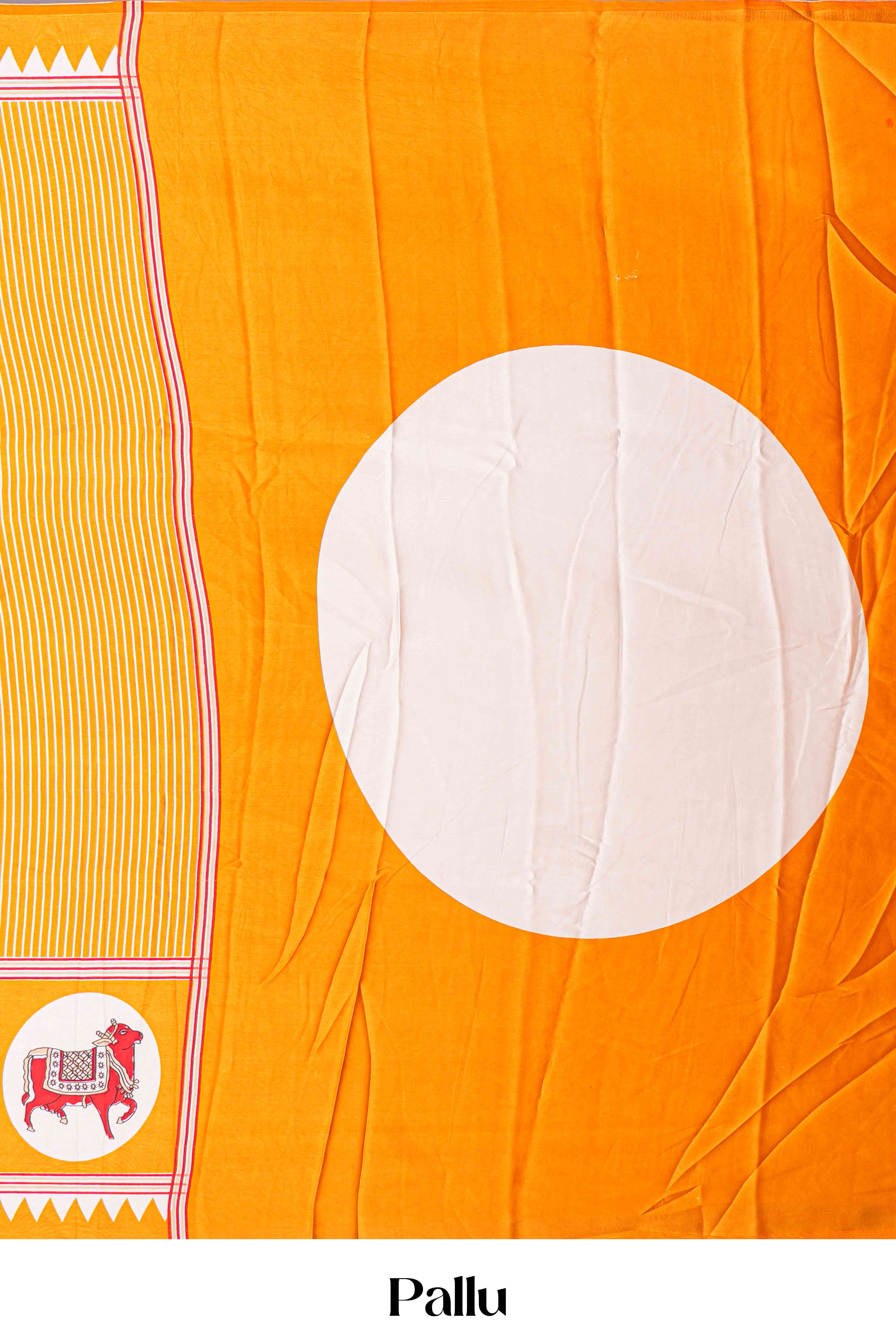 Vibrant Yellow Modal Silk Saree The Body Has Fine Vertical White Stripes The Border Are Highlighted Pichwai Design Along With Ajrakh Printed Blouse - Image 5