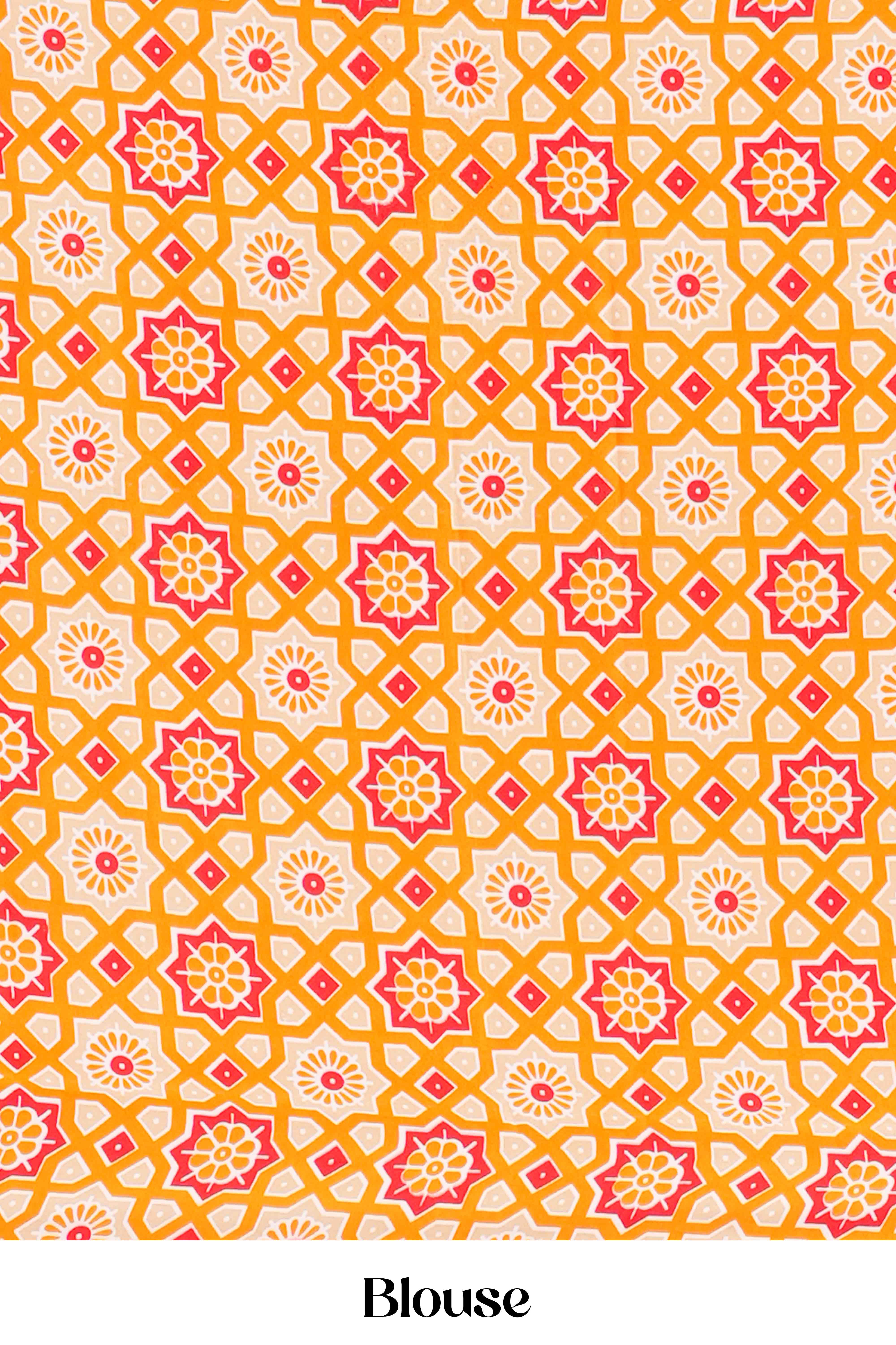 Vibrant Yellow Modal Silk Saree The Body Has Fine Vertical White Stripes The Border Are Highlighted Pichwai Design Along With Ajrakh Printed Blouse - Image 6