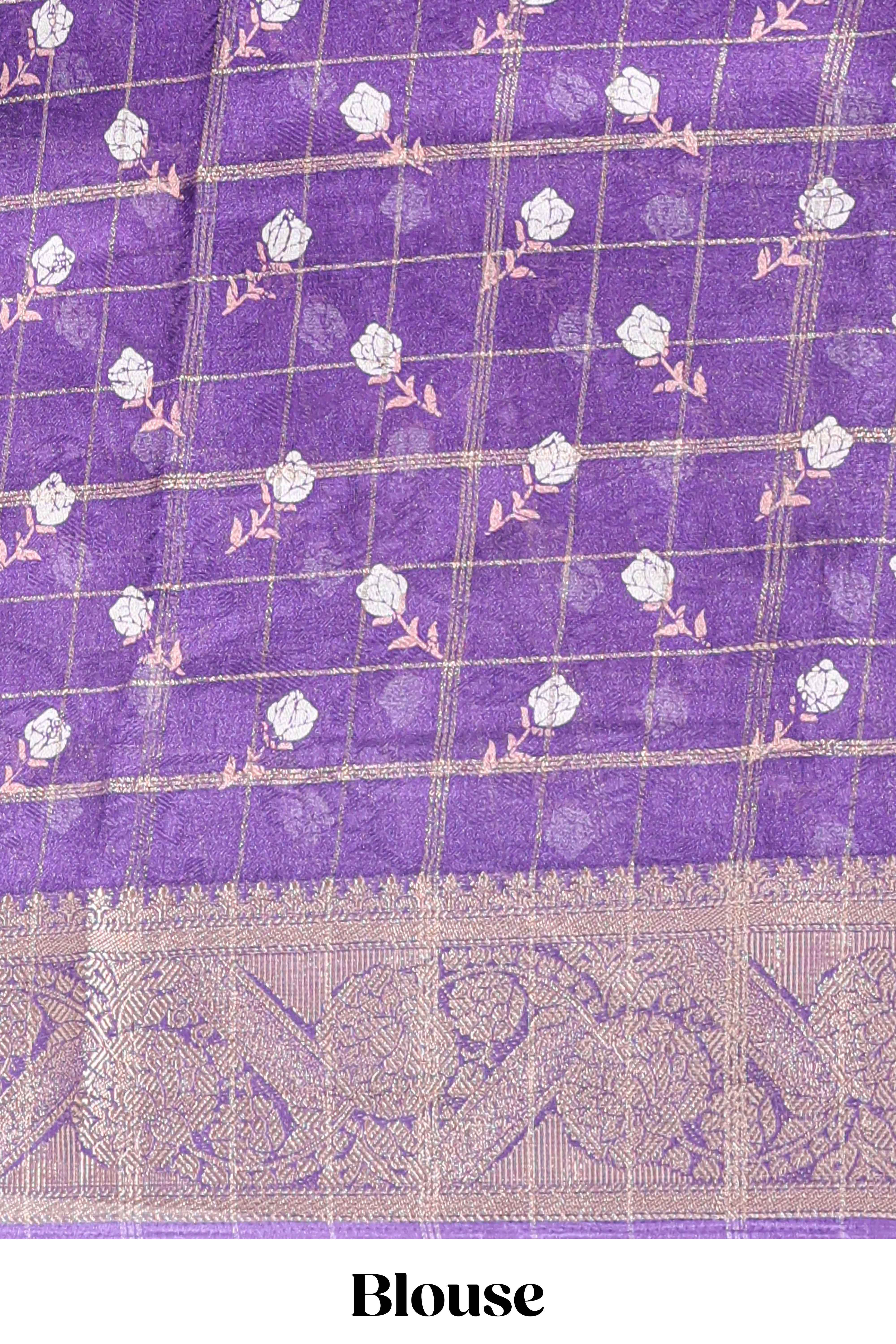 Violet checked floral design marsh mellow saree with self zari border and matching blouse - Image 5
