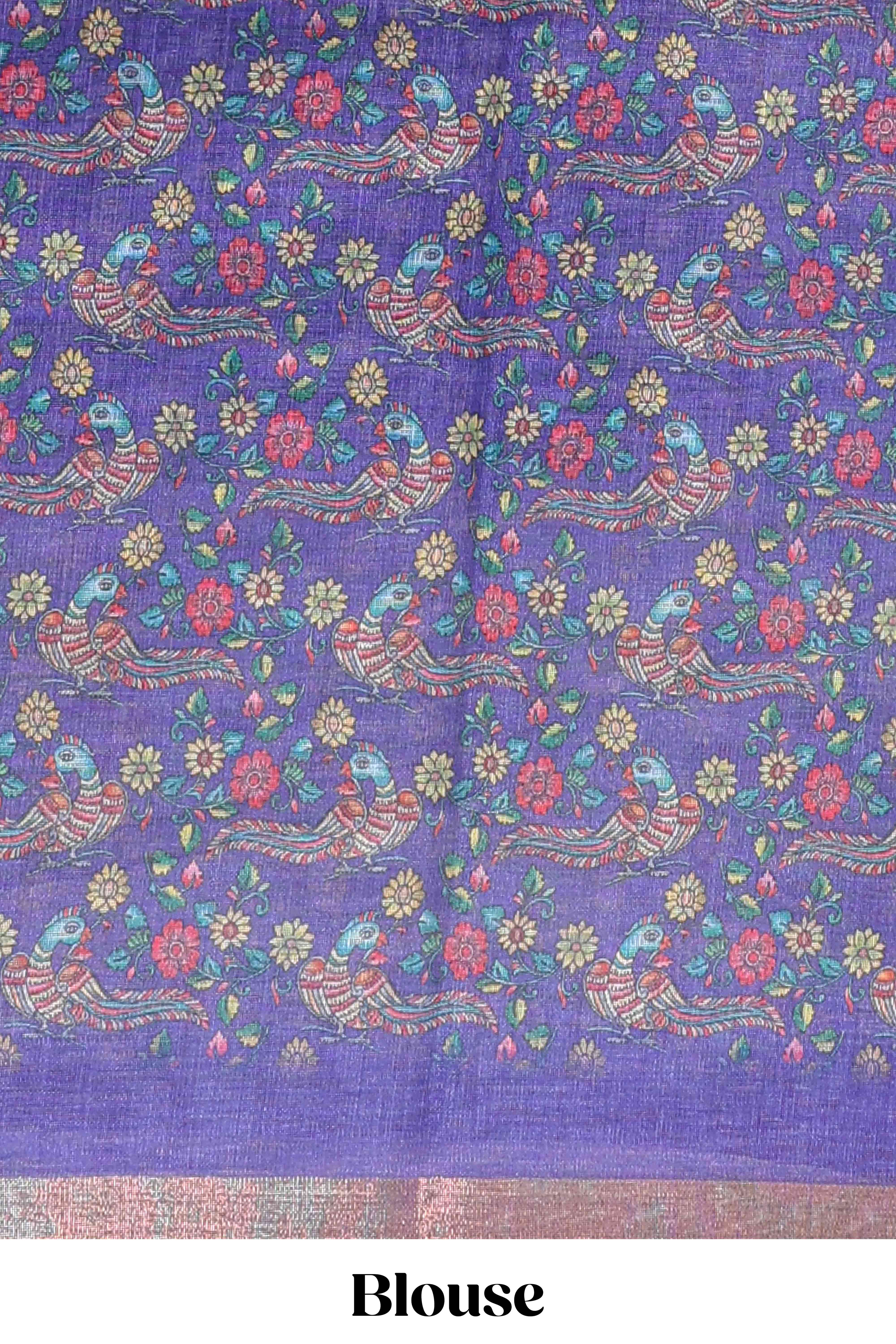 Violet checked linen cotton saree with bottom floral and birds design, self zari border and printed blouse - Image 5