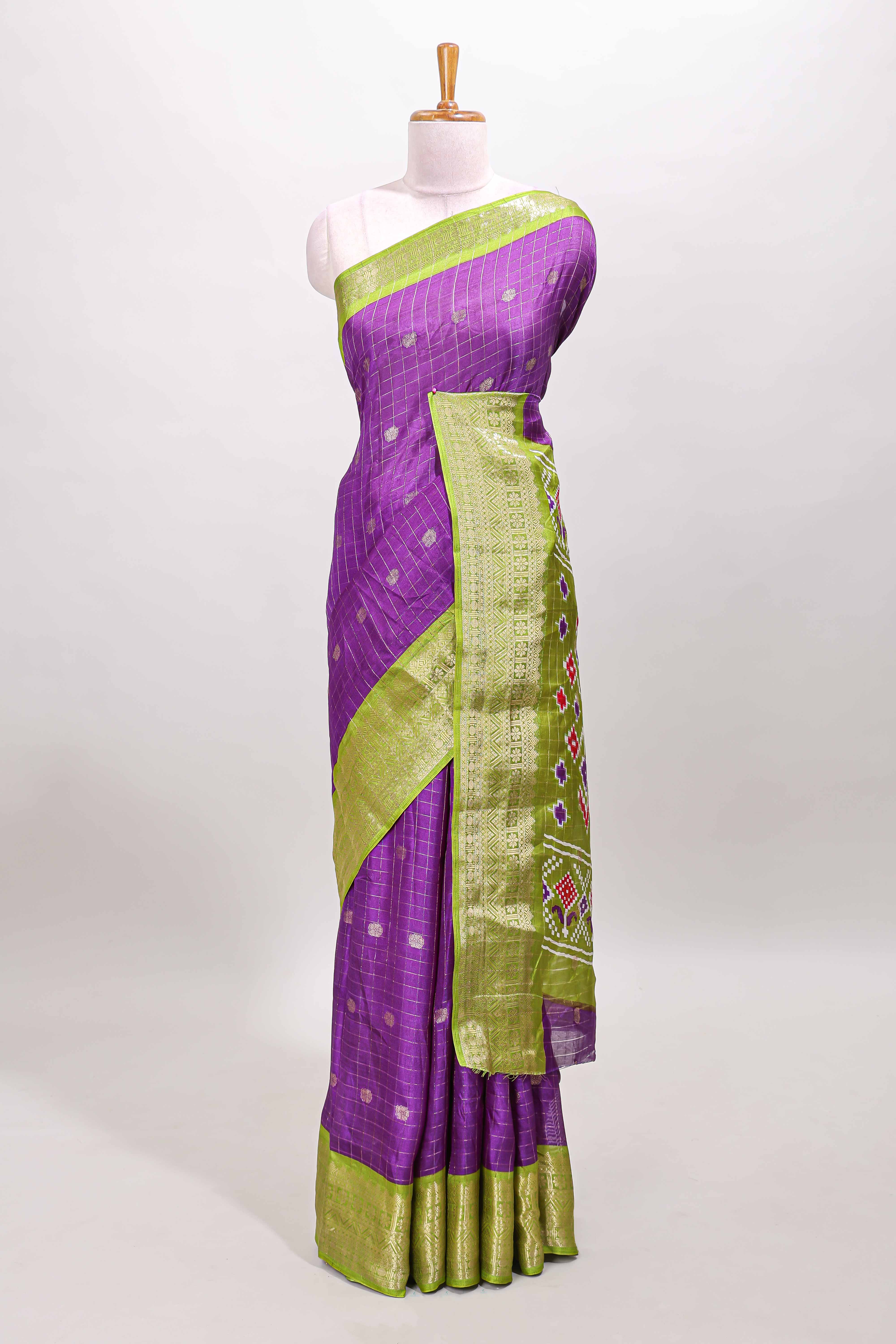 Violet checked zari butta viscose dola silk saree with contrast zari border and ikkat style pallu - Image 2