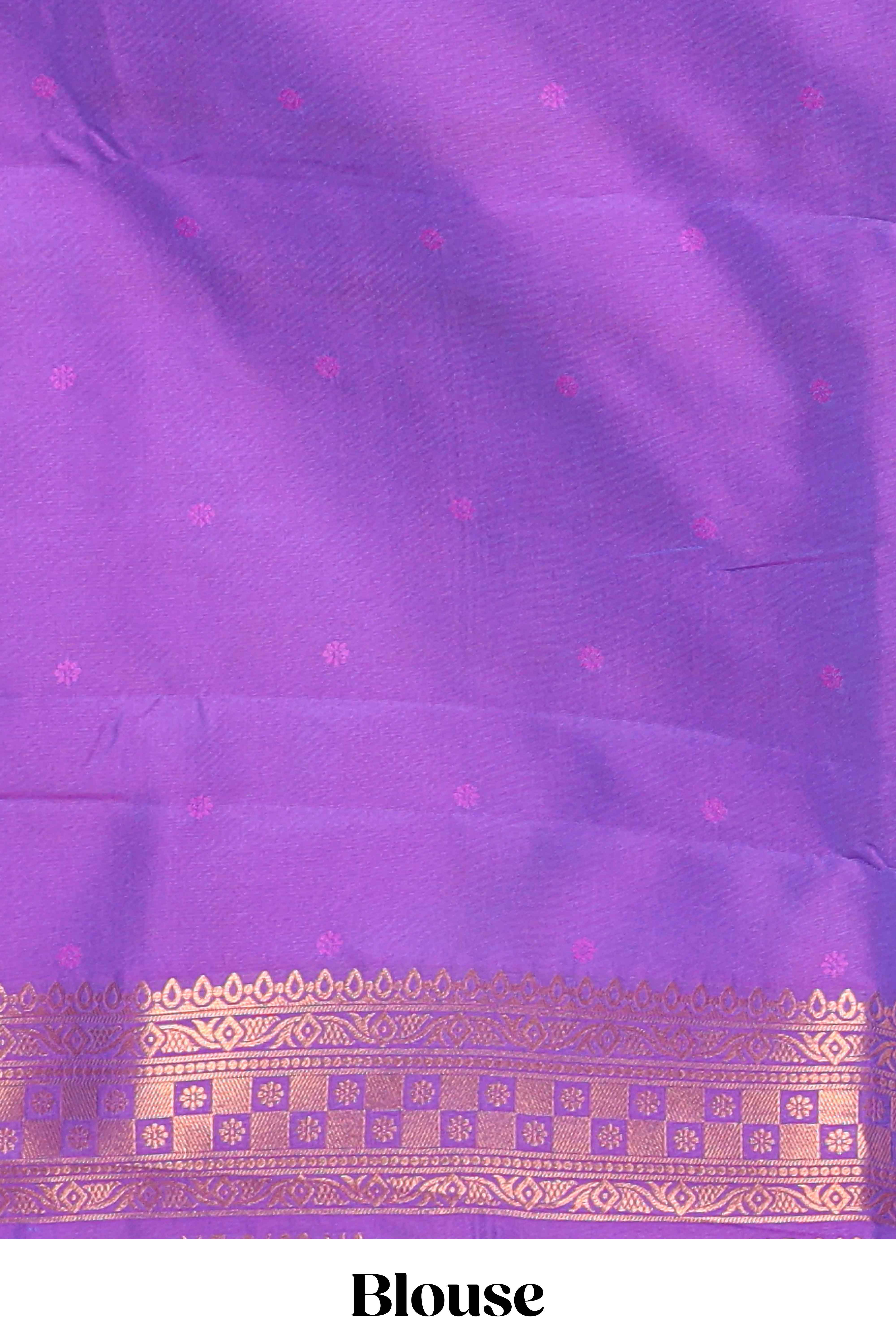 Violet colour Semi soft silk with  gold zari floral motifs border with Vaira oosi Design and matching blouse - Image 5