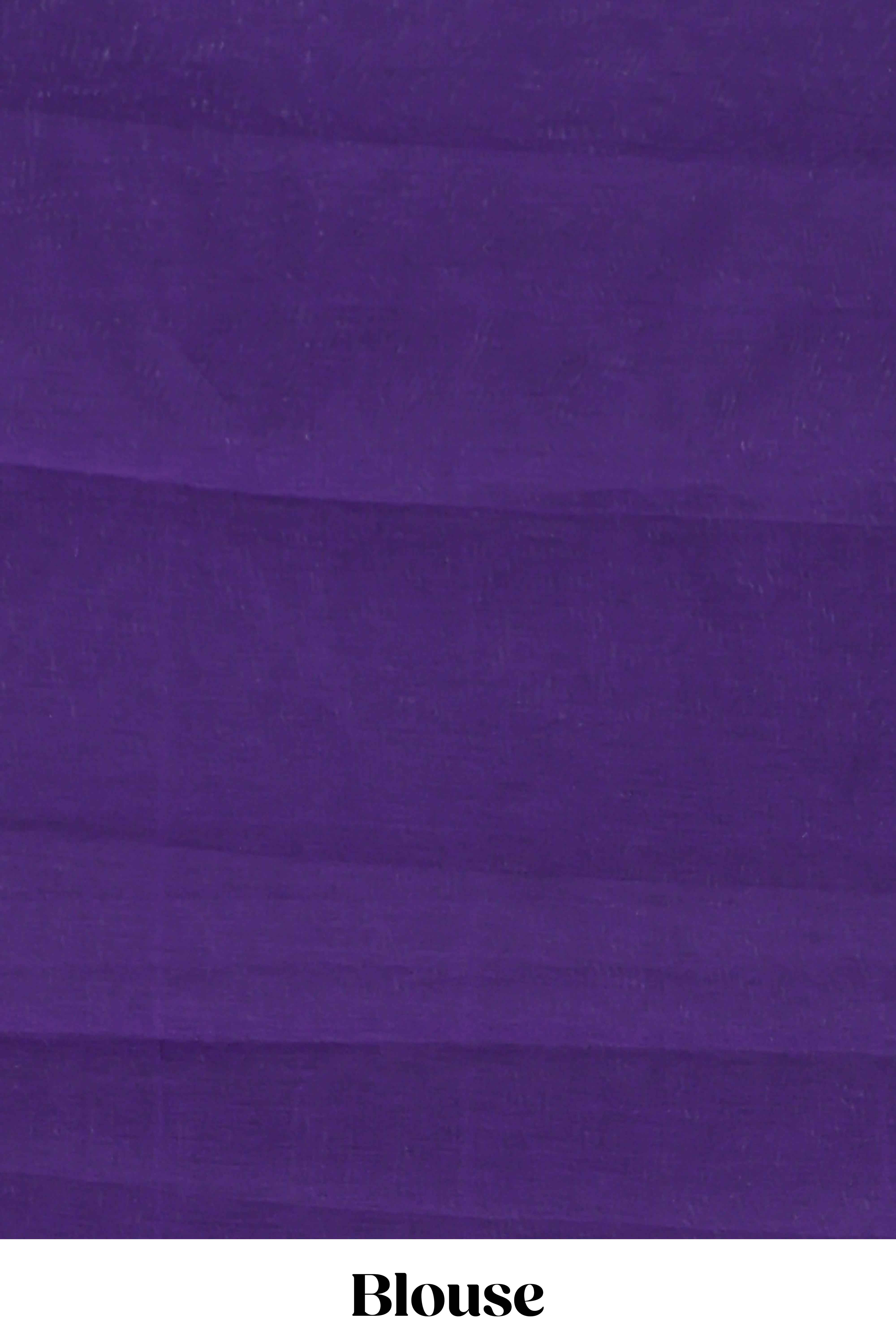 Violet floral motifs kota saree with contrast temple zari border and matching plain blouse - Image 3