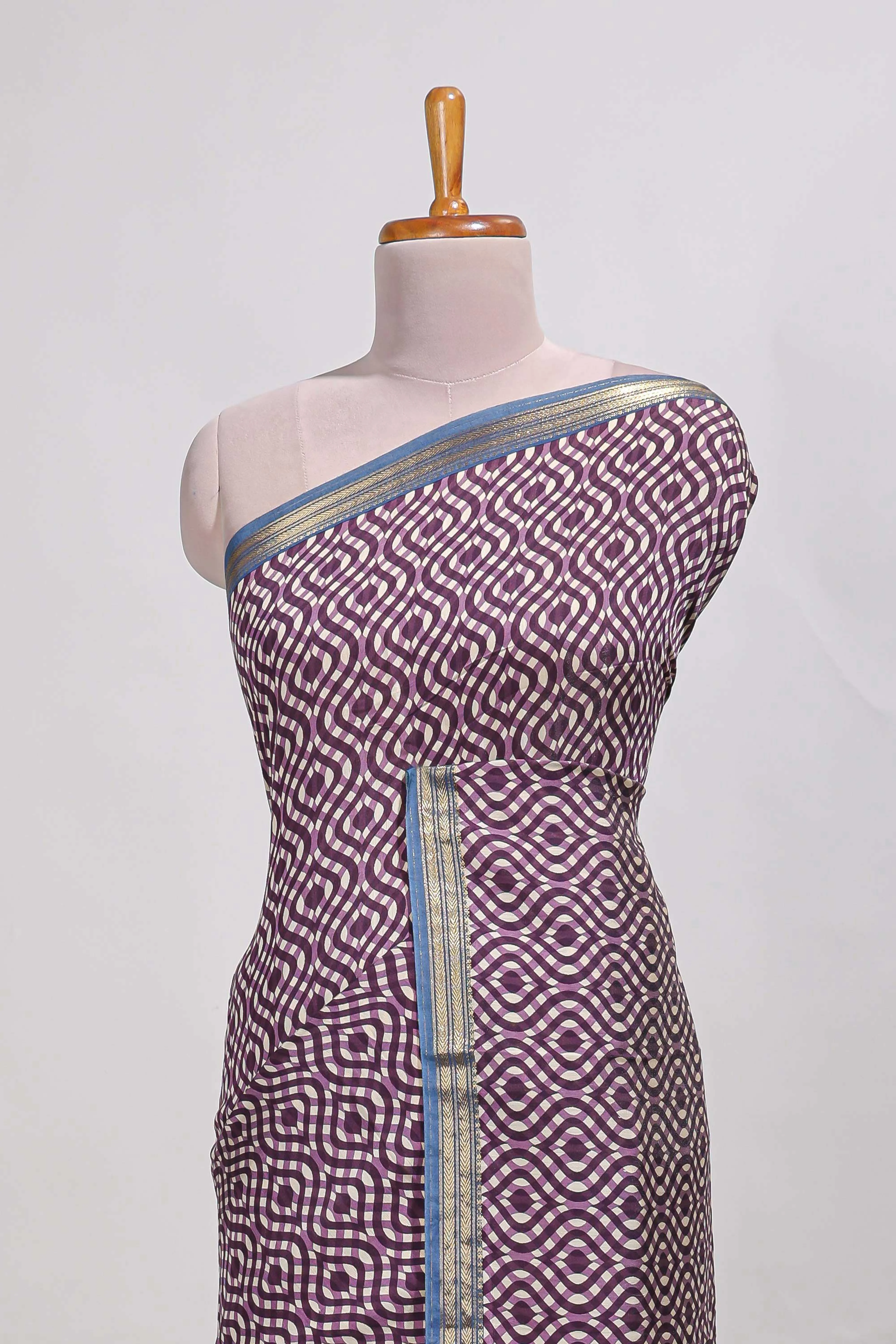 violet geometric print assam silk saree with zari border and matching blouse - Image 3