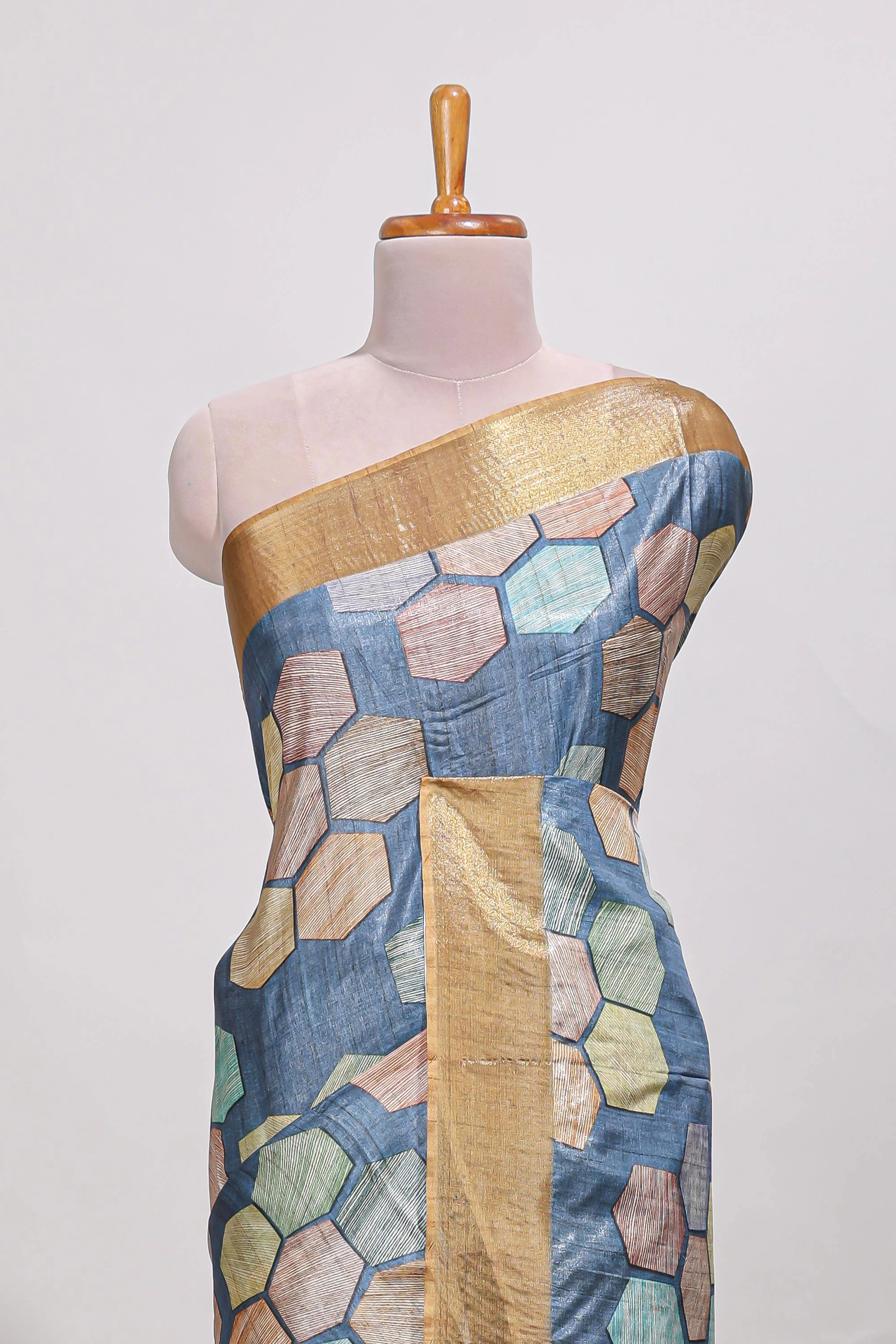 Blue geometrical tussar silk saree multi coloured honeycomb geomatric patterns , rich matching pallu along with tassles - Image 3