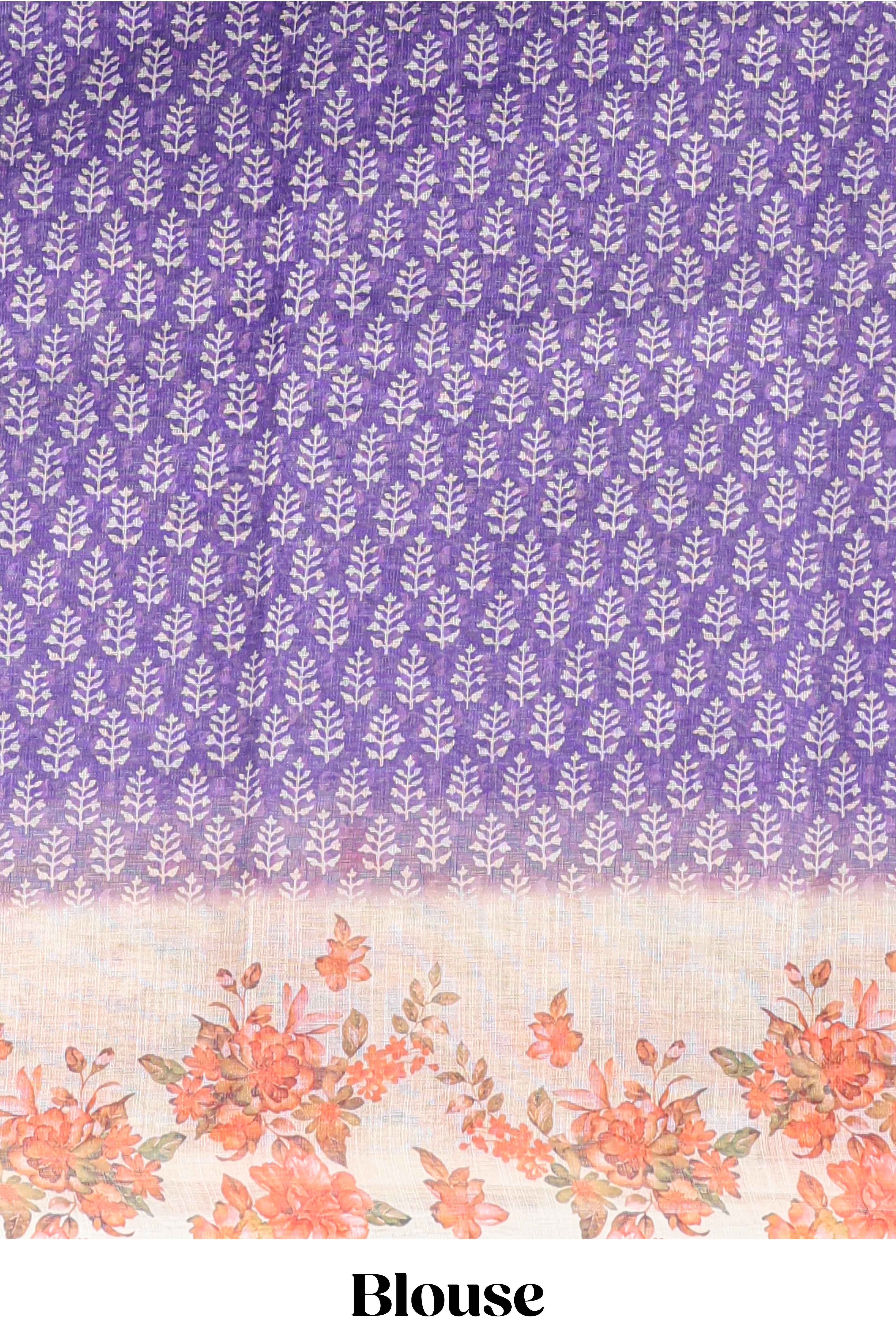 Violet leaf design linen cotton saree with contrast floral design border and matching blouse - Image 5