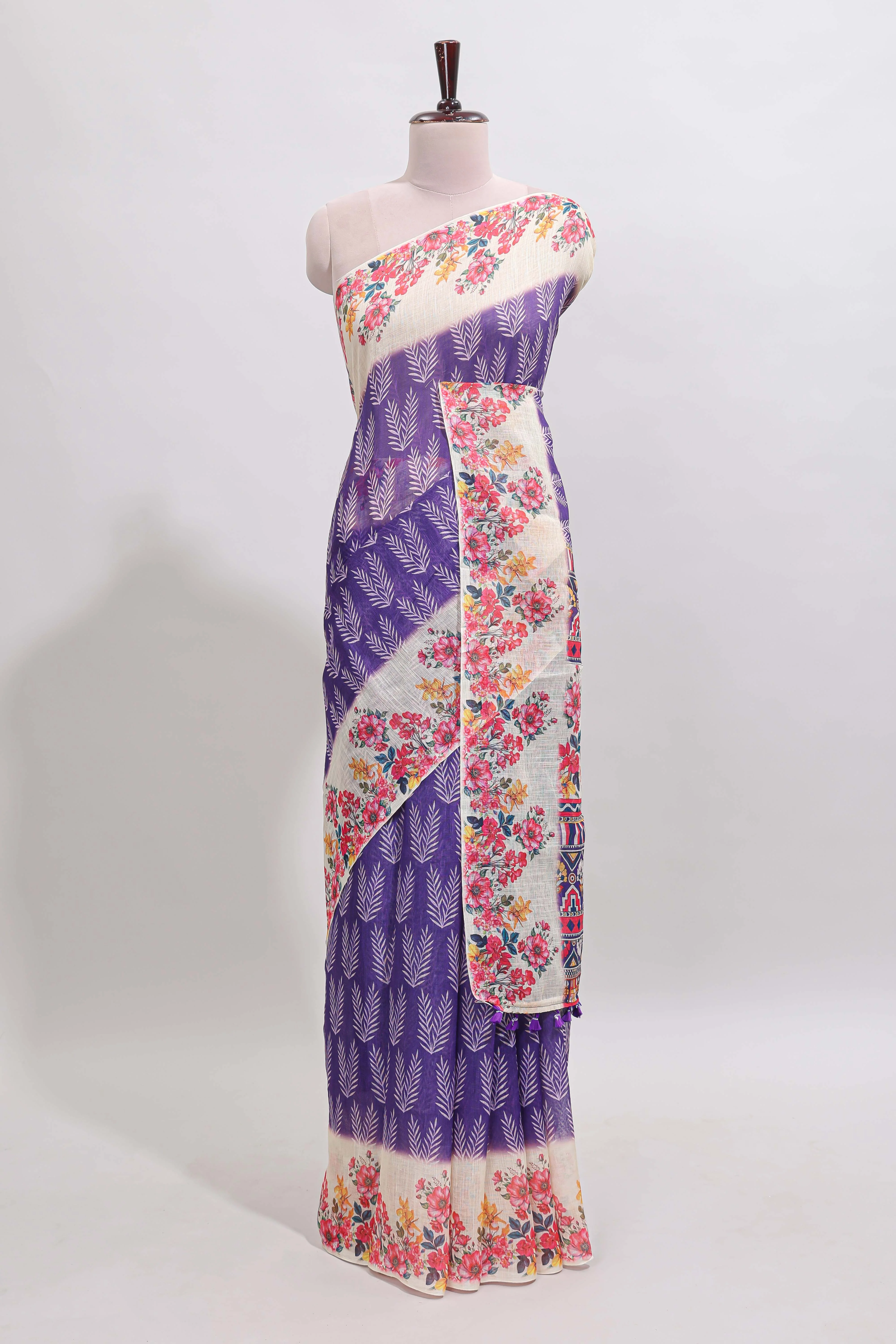 Violet leaf print linen cotton saree with contrast floral design border and matching blouse - Image 2
