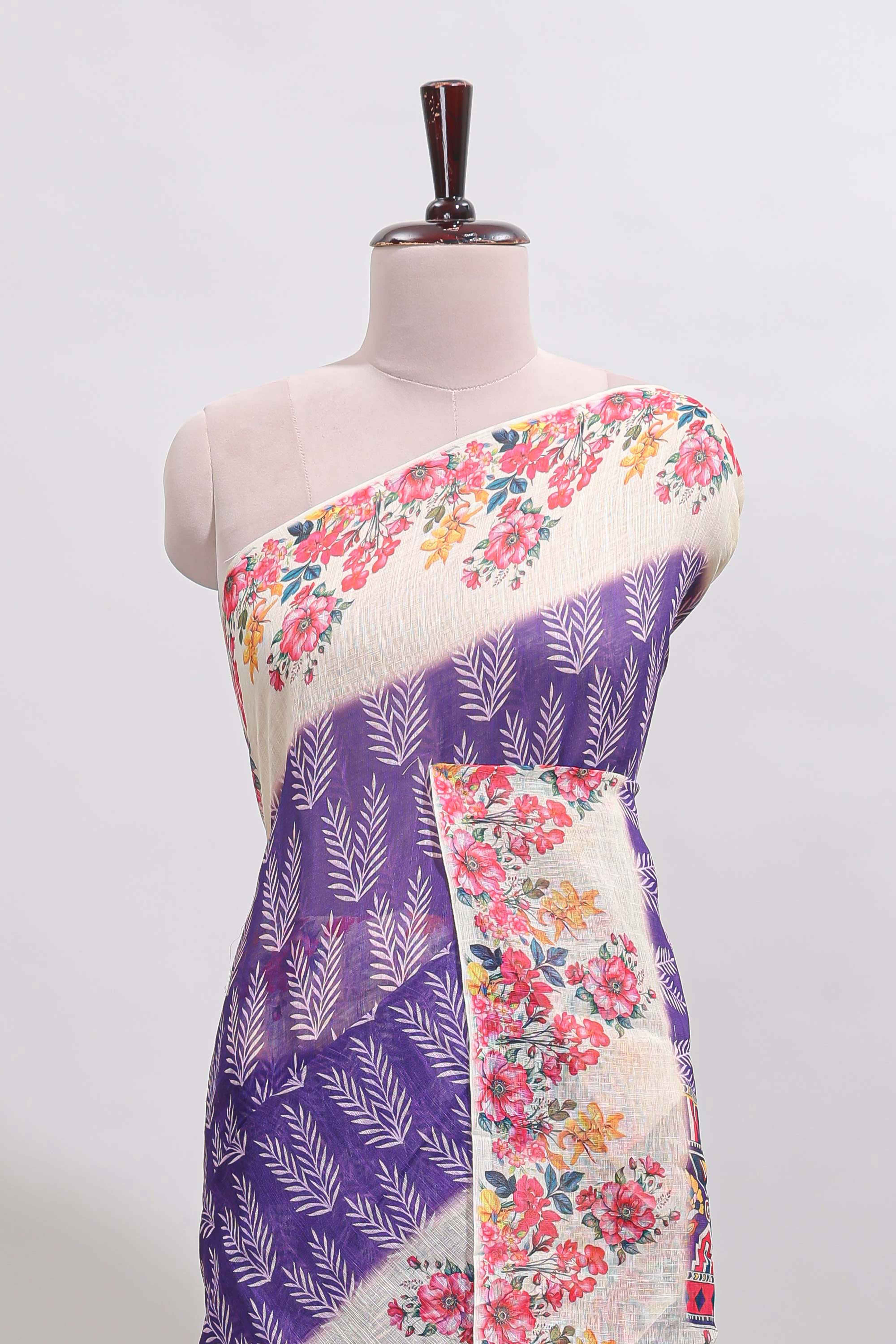 Violet leaf print linen cotton saree with contrast floral design border and matching blouse - Image 3