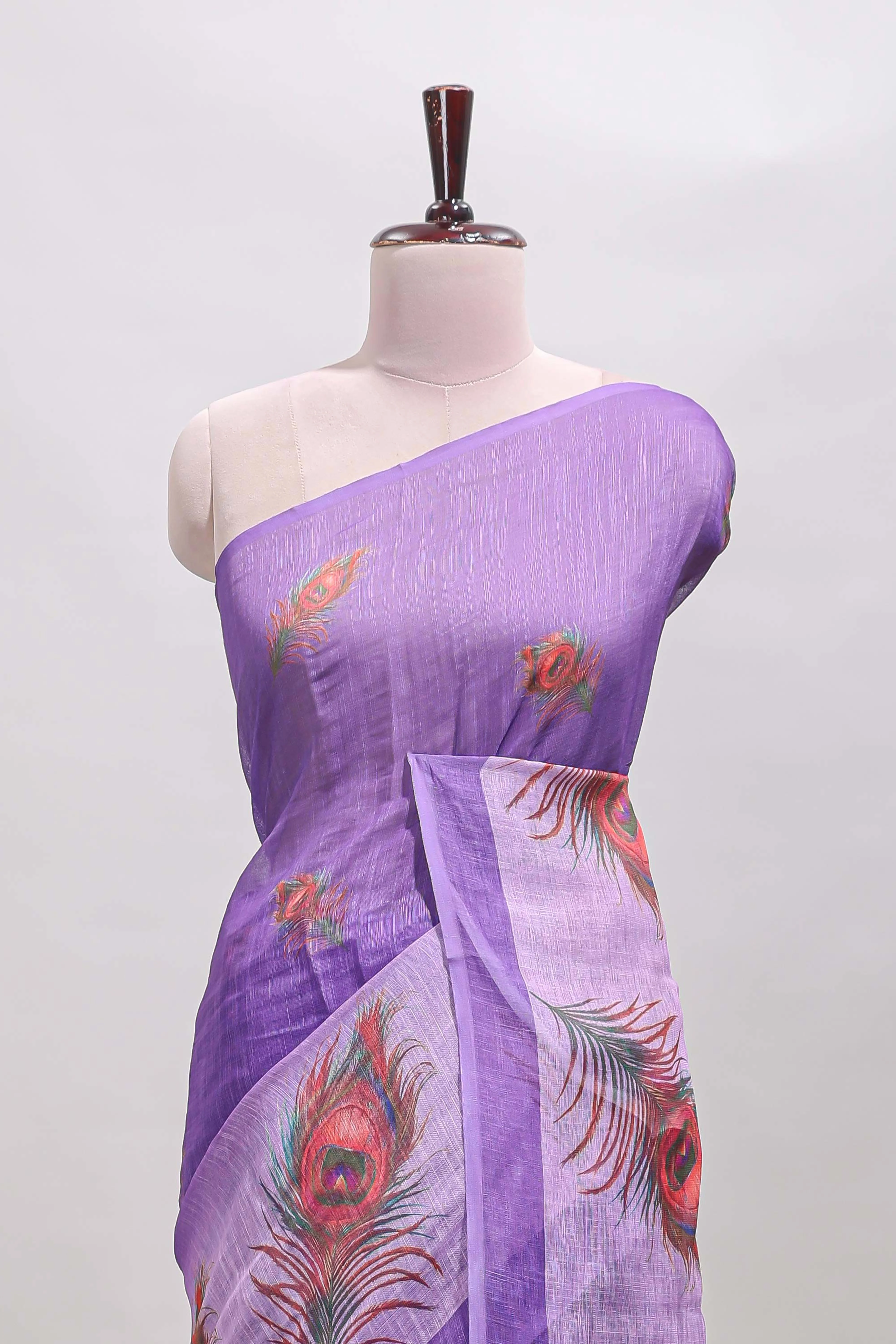 Violet peacock feather motifs linen cotton saree with self border and matching blouse - Image 3