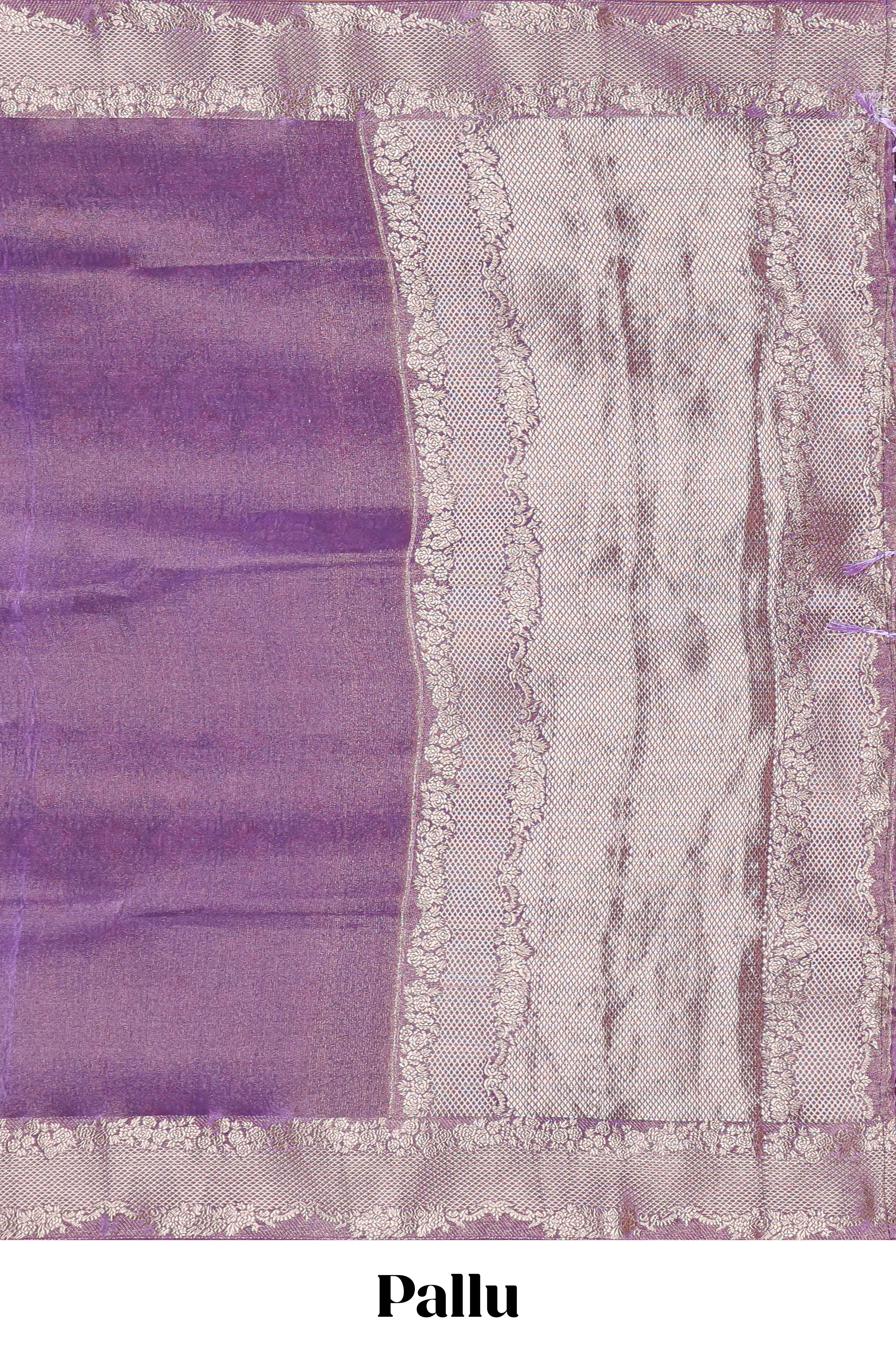 Violet plain banarasi silk saree with self floral design border and contrast printed blouse - Image 4