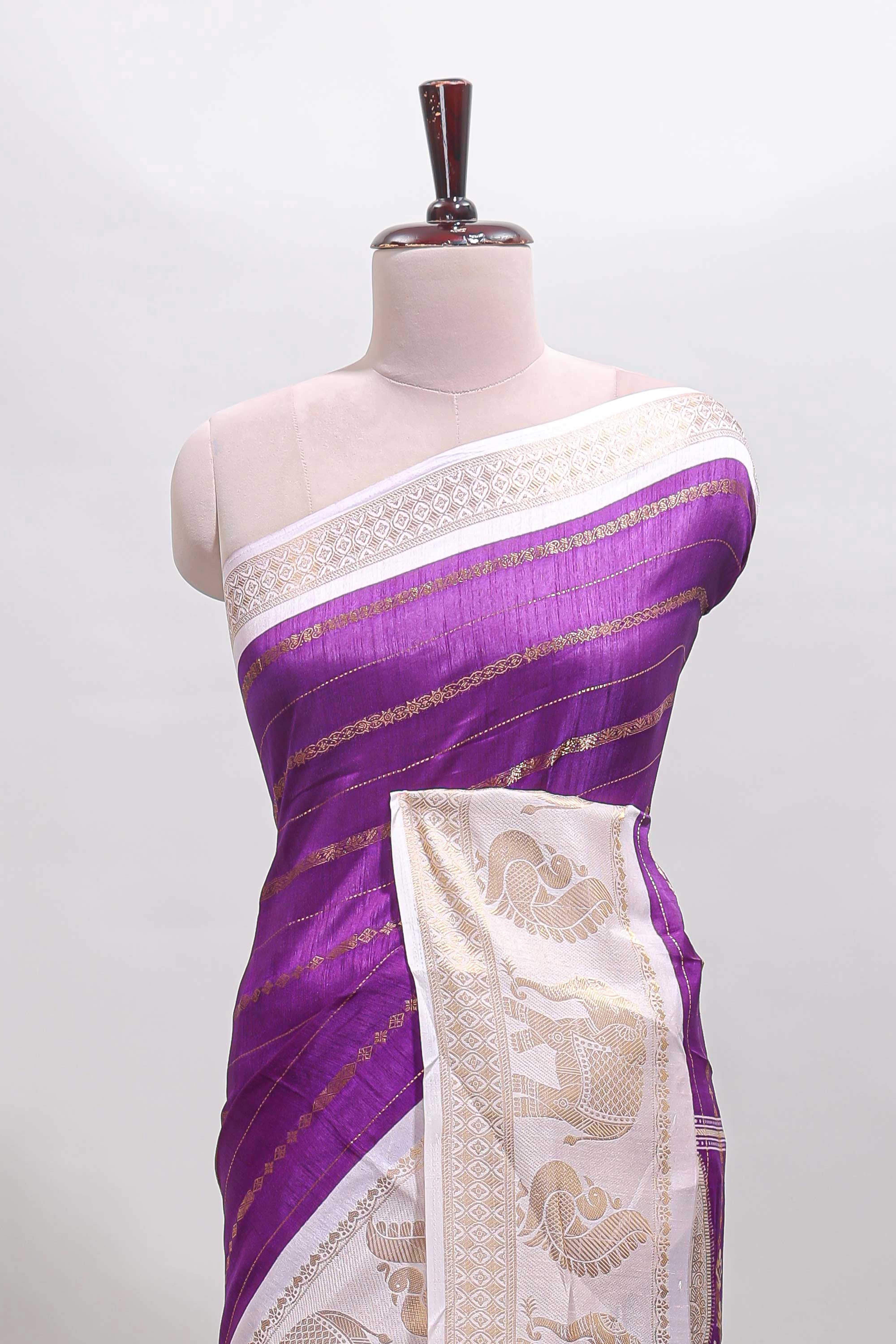 Violet striped dola silk saree with contrast zari border and kalamkari style pallu - Image 3