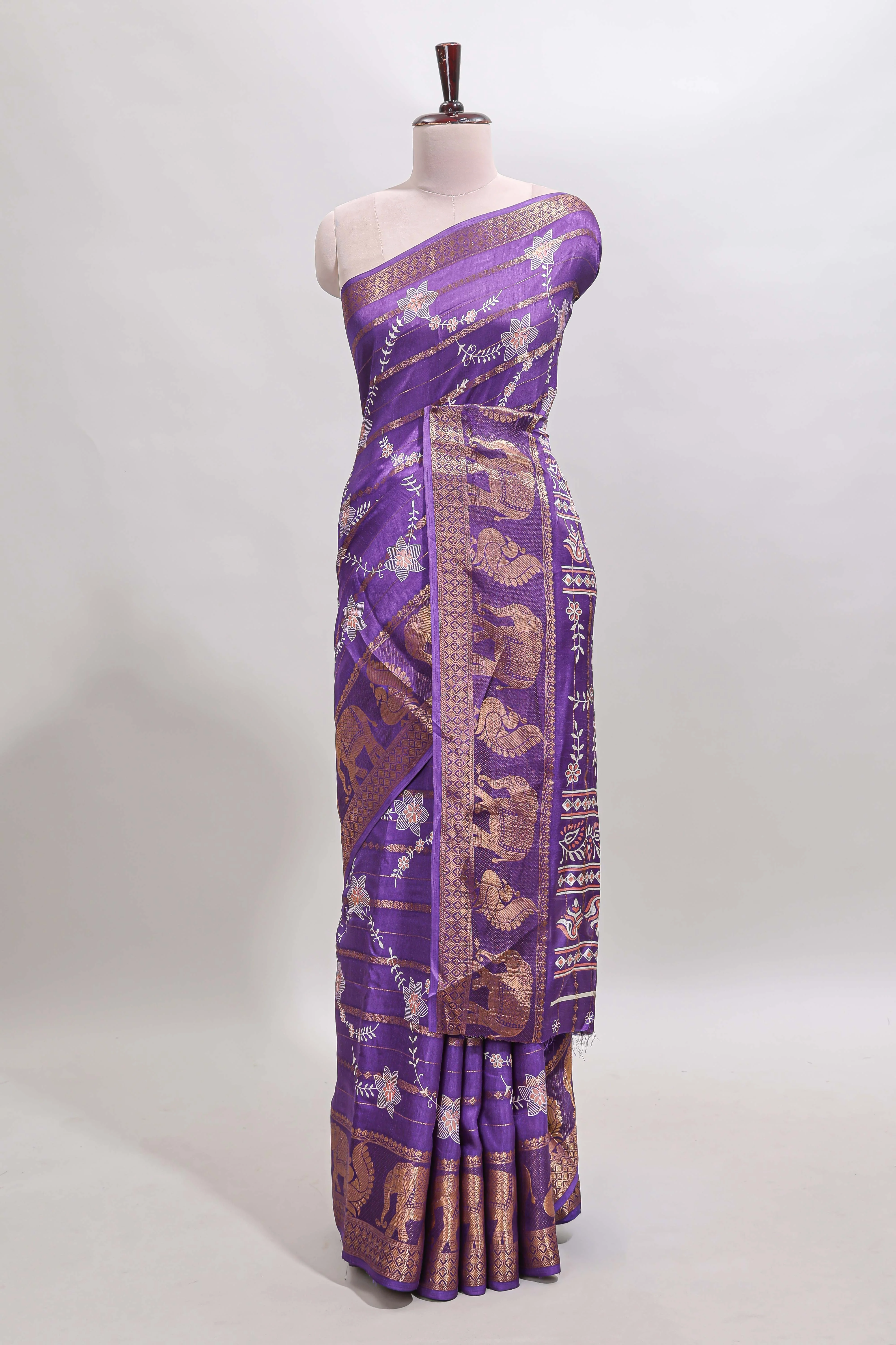 Violet striped floral vine dola silk saree with self zari border and matching blouse - Image 2