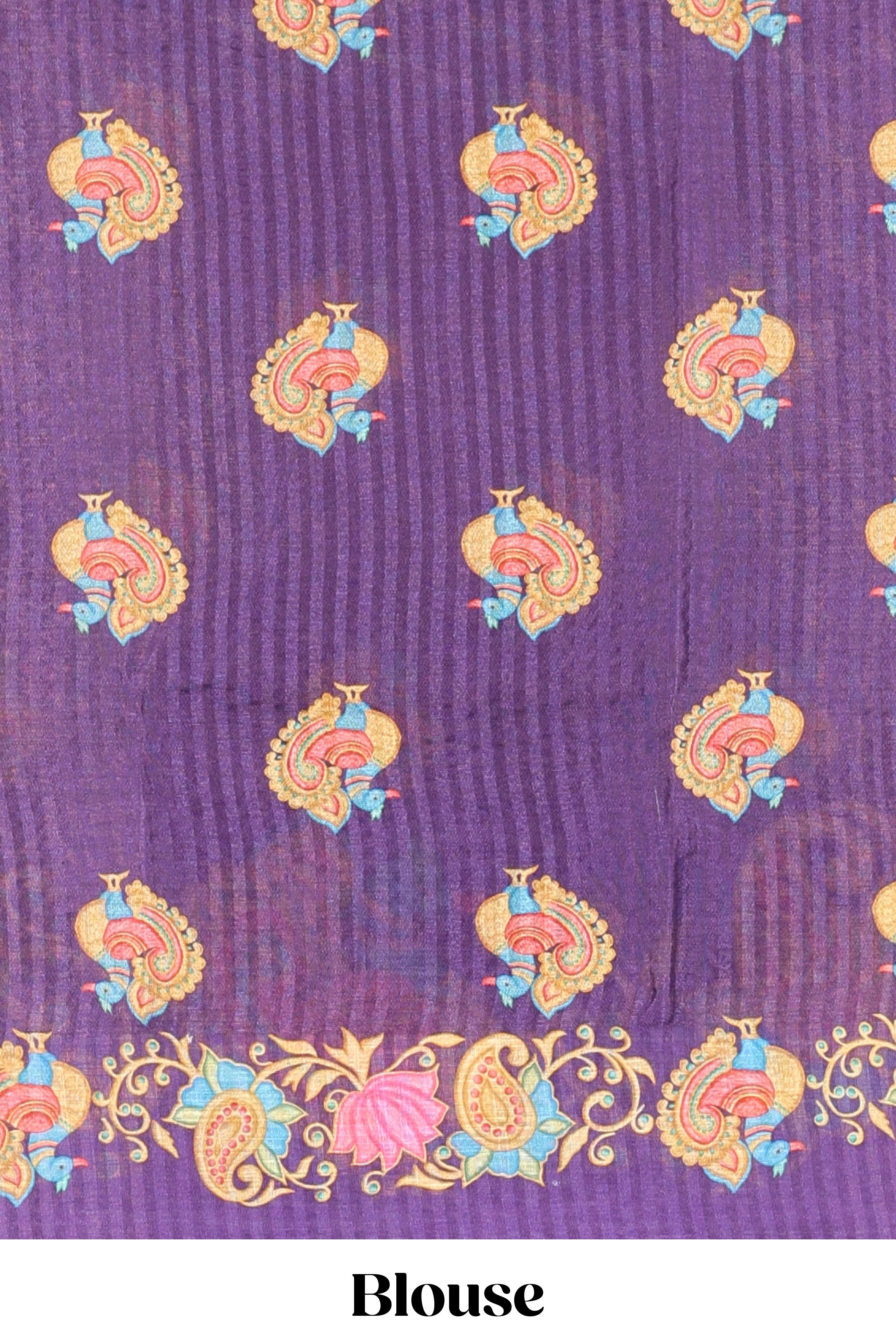 Violet tanjore painting style linen tussar saree with peacock & lotus motifs and printed pallu - Image 5
