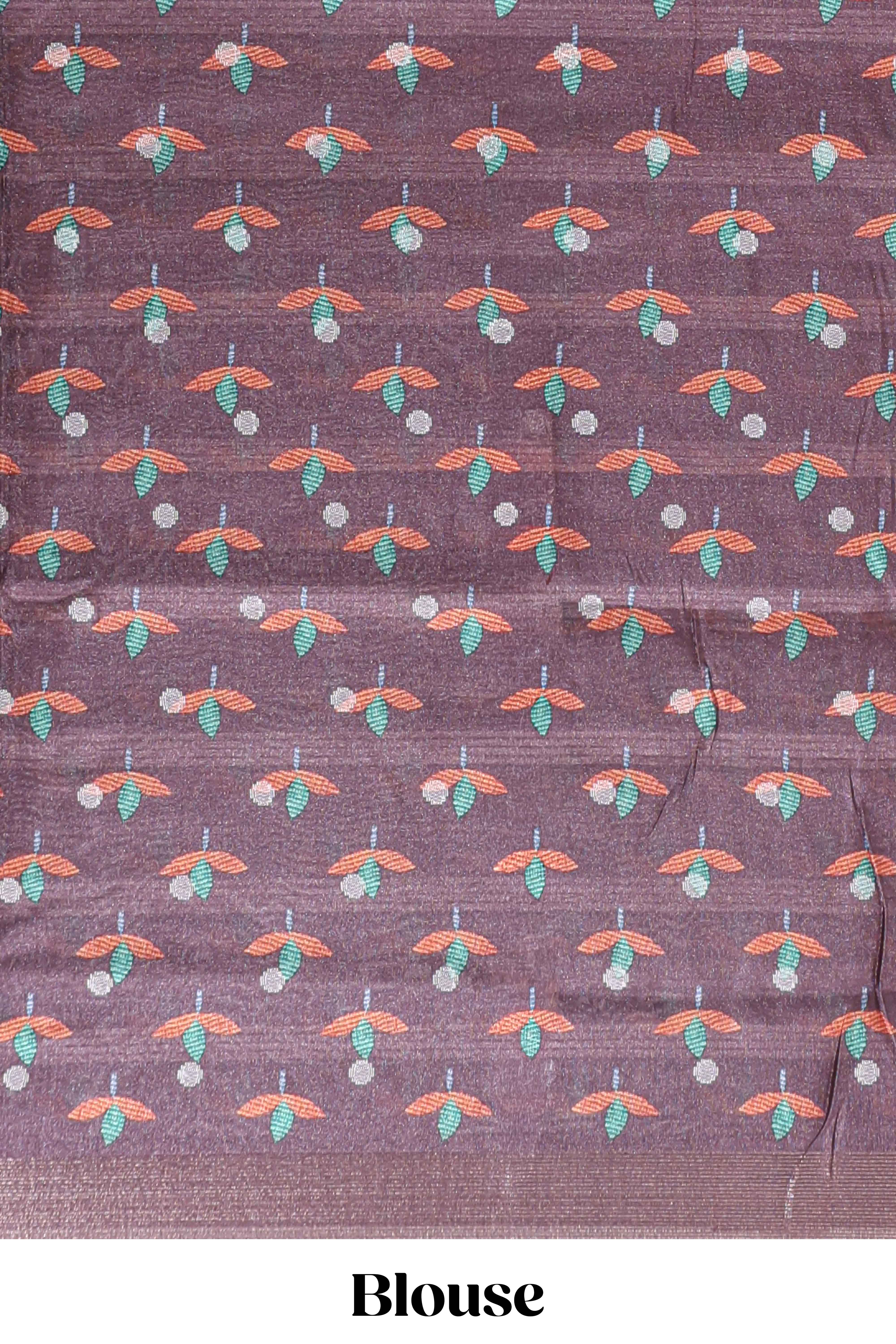 Violet Tussar Saree checkered body artistic floral prints and contrasting border with tassel along with blouse piece - Image 5