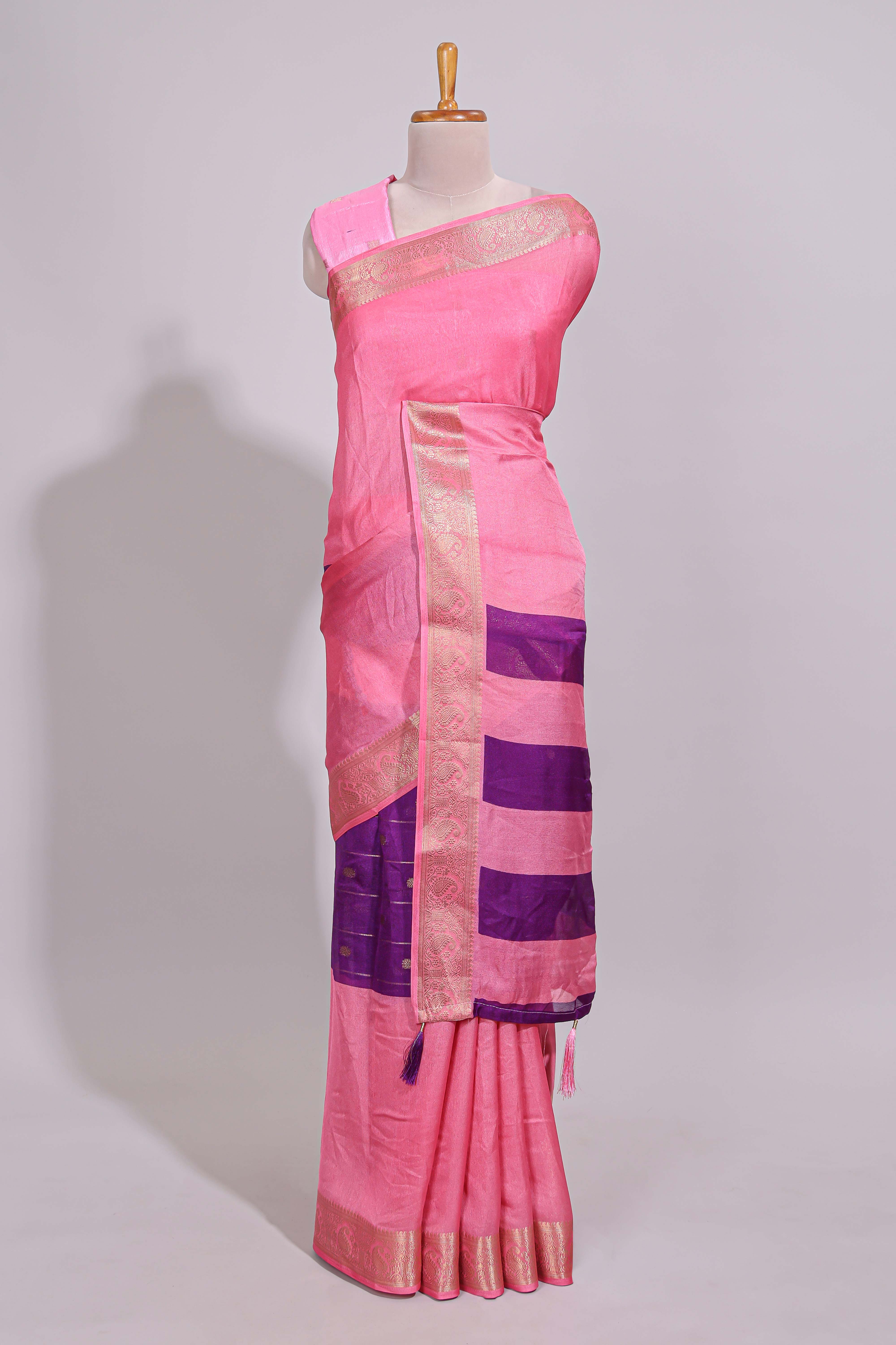 Violet zari striped motifs dola silk saree with contrast pink border and zari motifs blouse - Image 2