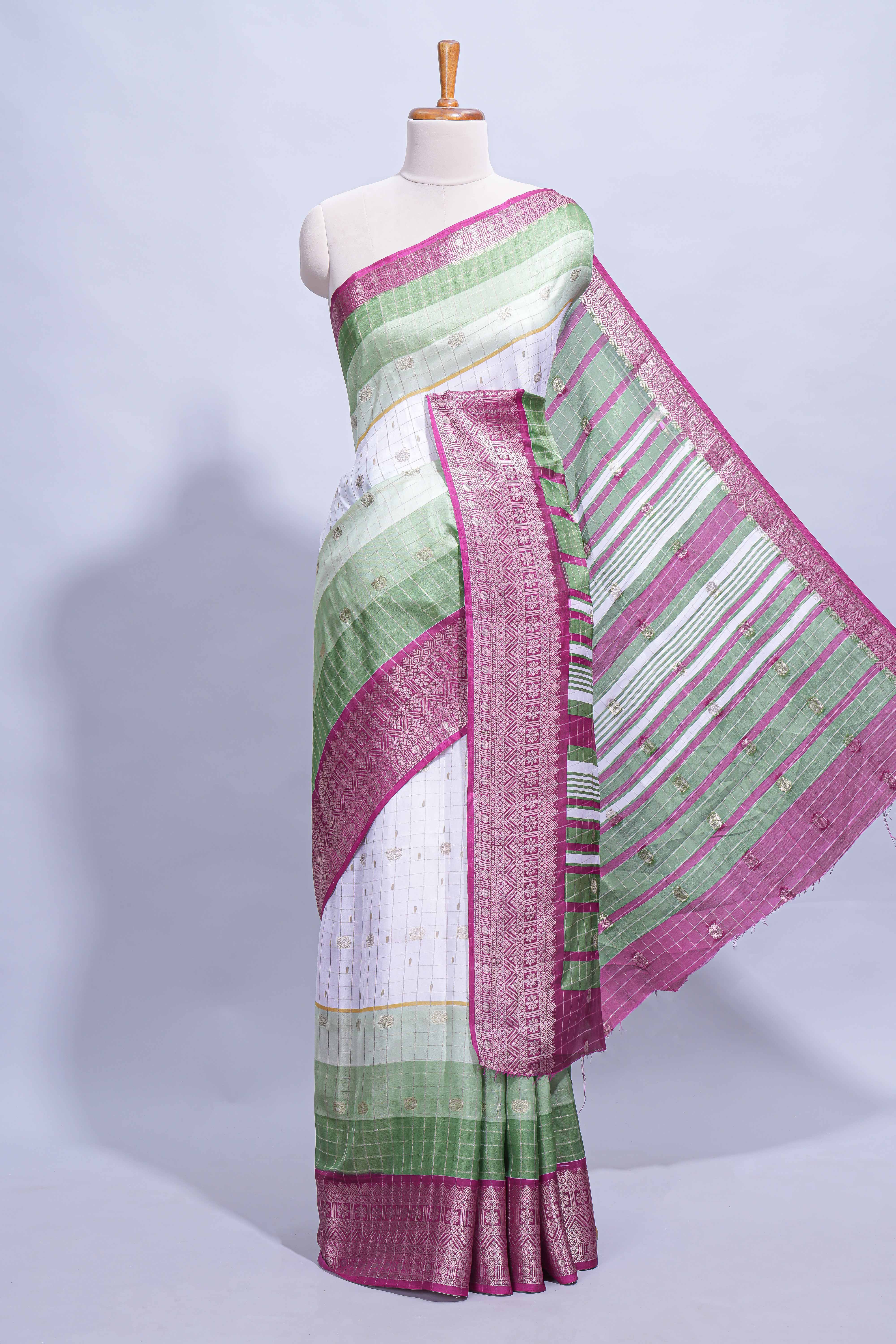 White and green Dola Silk Saree with rich zari border woven butis and a designer pallu along with contrast blouse - Image 2